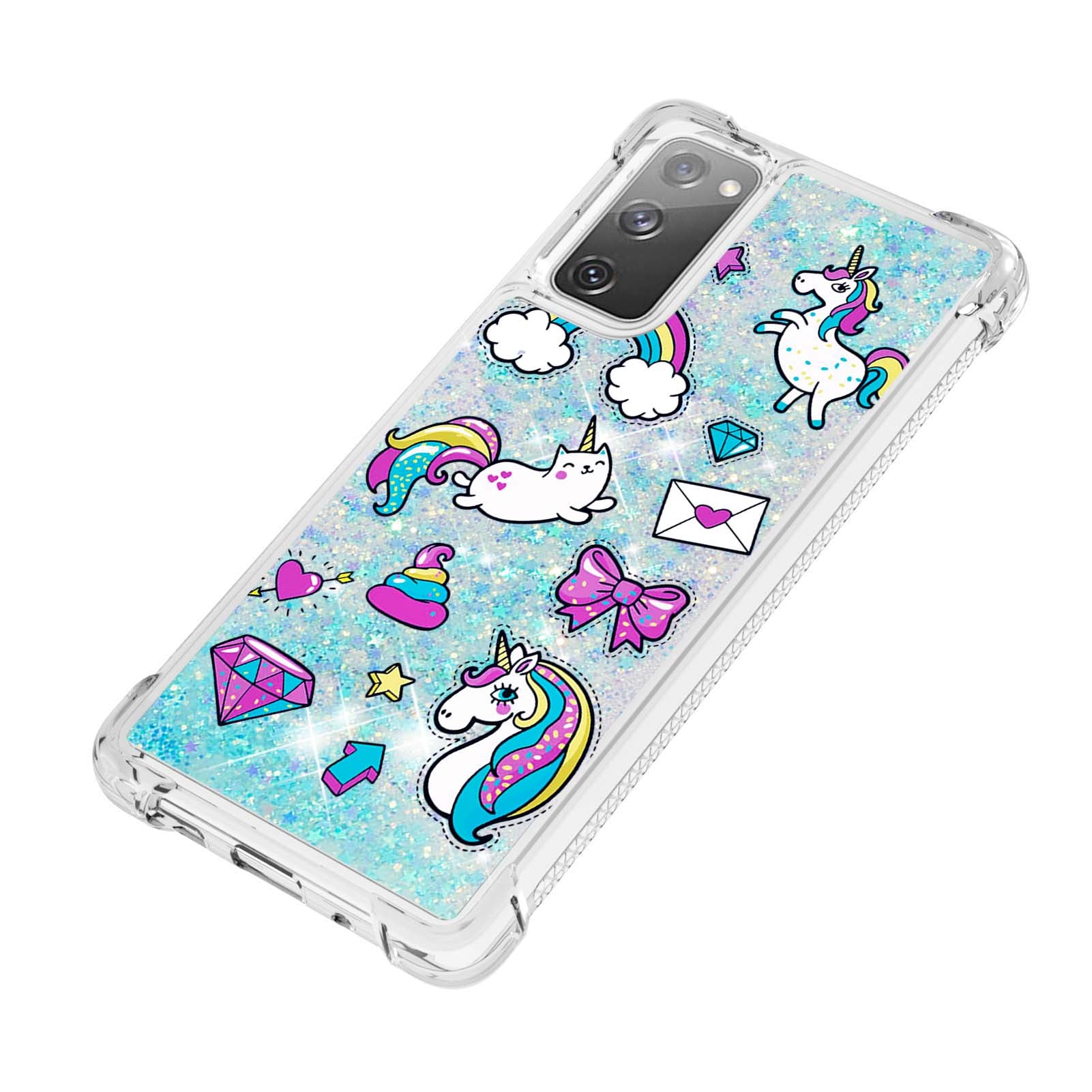 Quicksand Moving Bling Glitter Pattern Printing Clear Soft TPU Phone Case for Samsung Galaxy S20 FE 2022/S20 FE/S20 FE 5G/S20 Lite - Unicorns and Cat