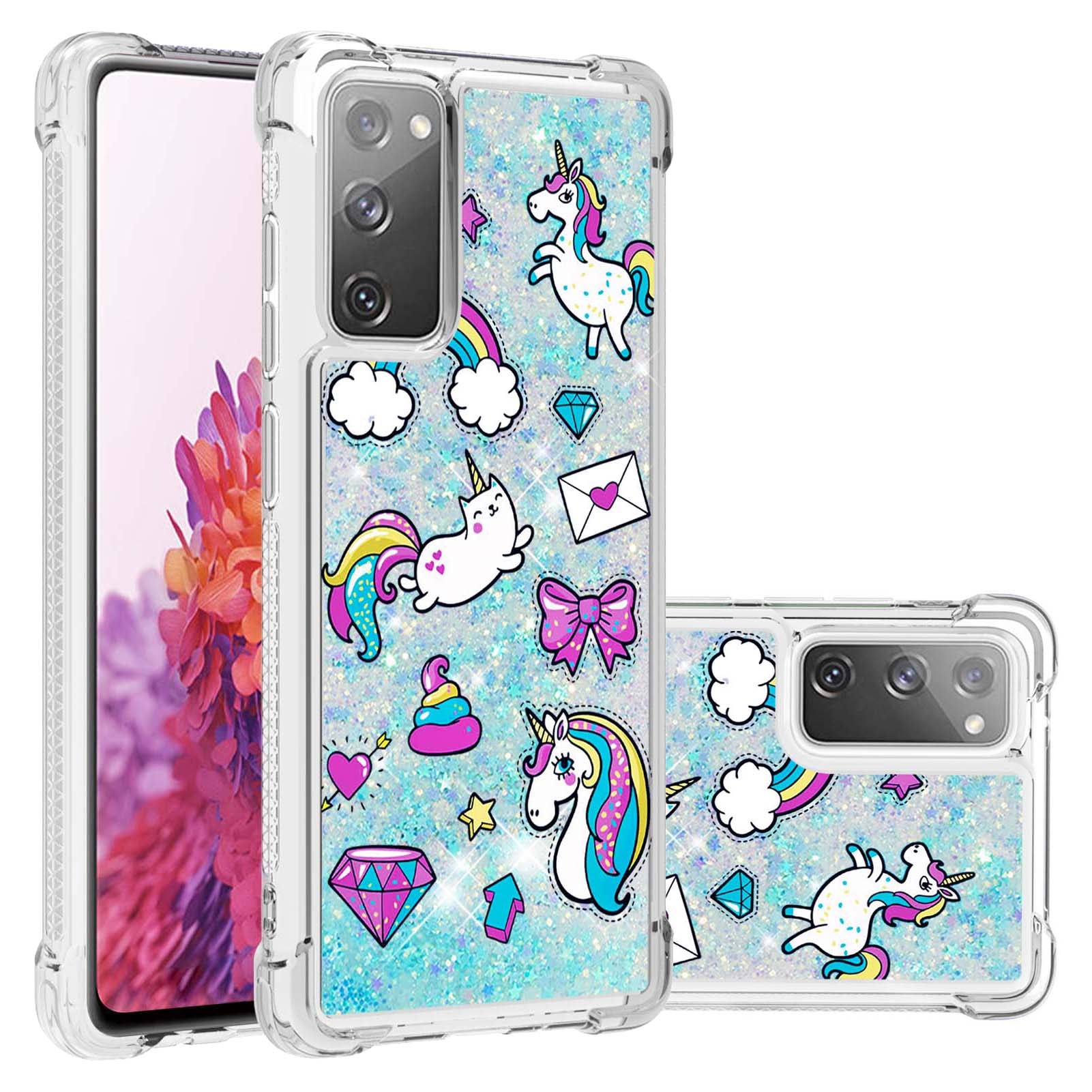 Quicksand Moving Bling Glitter Pattern Printing Clear Soft TPU Phone Case for Samsung Galaxy S20 FE 2022/S20 FE/S20 FE 5G/S20 Lite - Unicorns and Cat