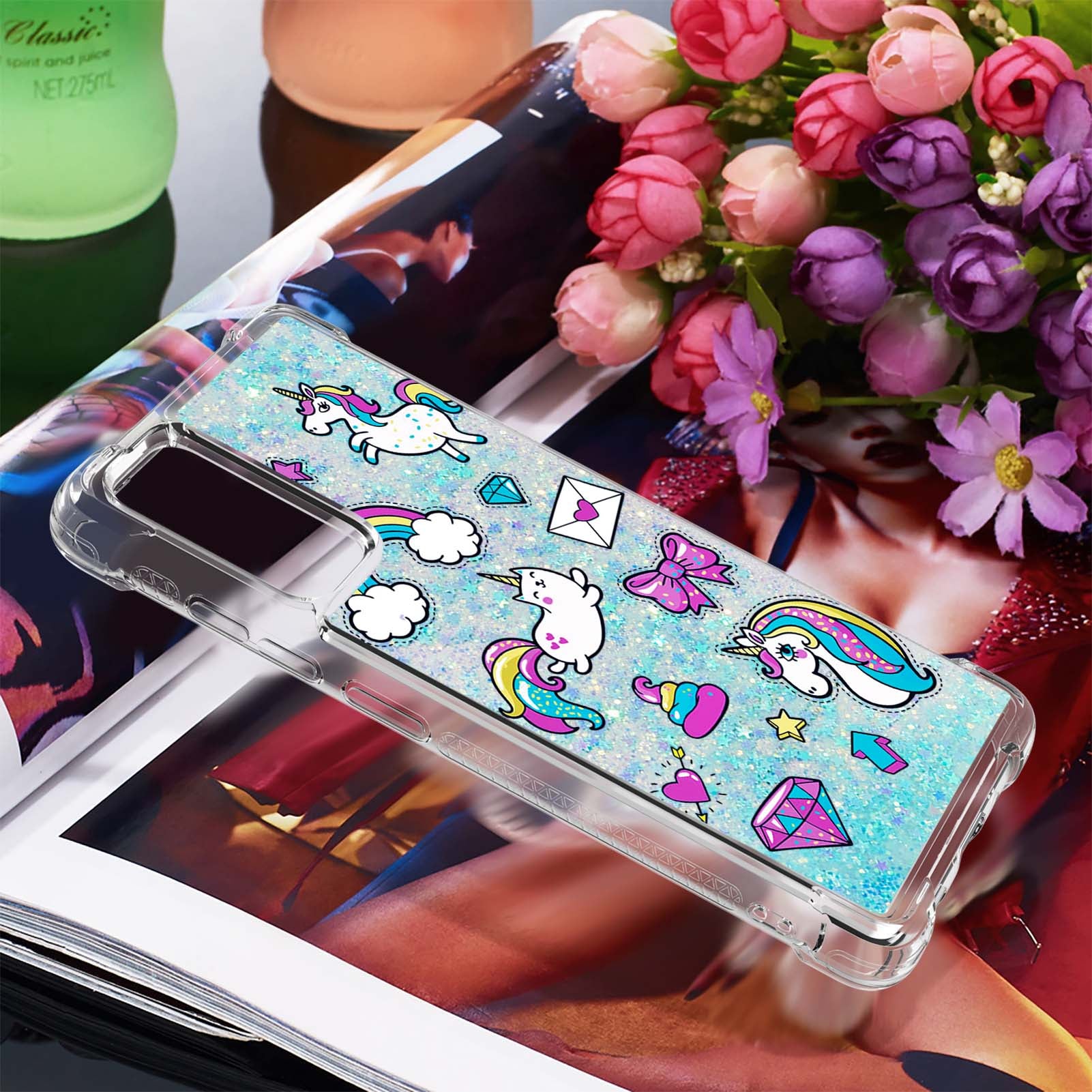 Quicksand Moving Bling Glitter Pattern Printing Clear Soft TPU Phone Case for Samsung Galaxy S20 FE 2022/S20 FE/S20 FE 5G/S20 Lite - Unicorns and Cat