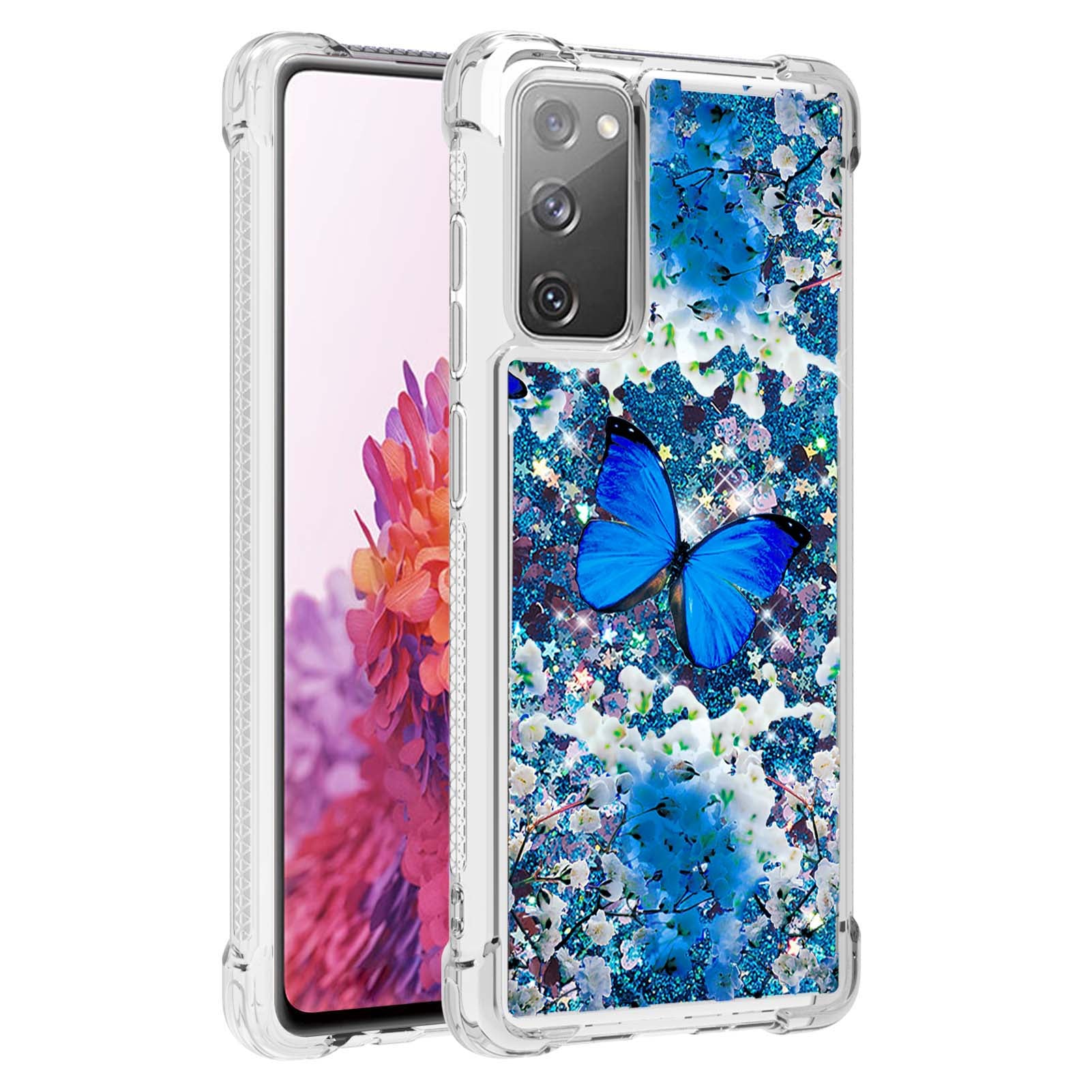 Quicksand Moving Bling Glitter Pattern Printing Clear Soft TPU Phone Case for Samsung Galaxy S20 FE 2022/S20 FE/S20 FE 5G/S20 Lite - Blue Butterfly