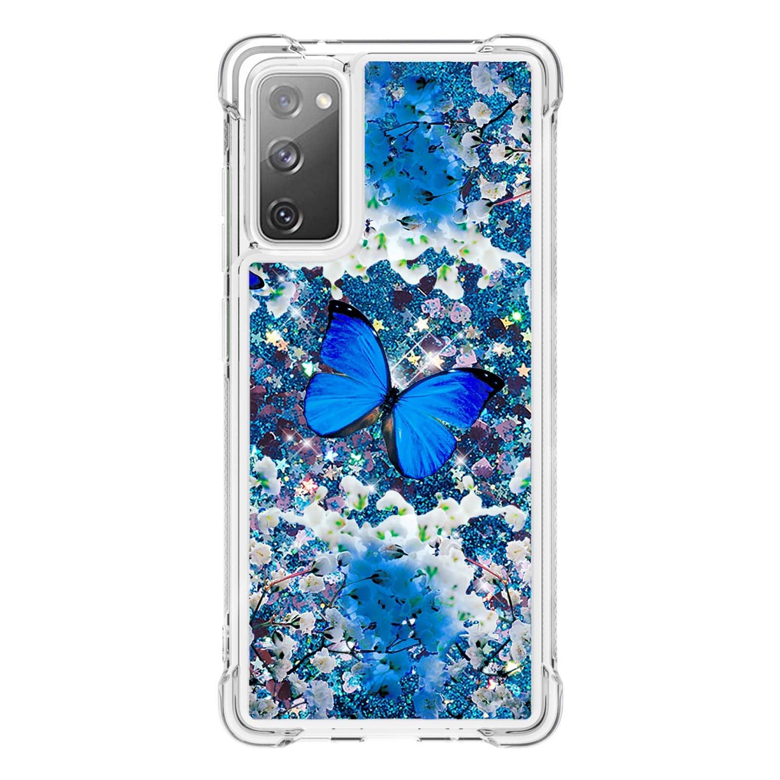 Quicksand Moving Bling Glitter Pattern Printing Clear Soft TPU Phone Case for Samsung Galaxy S20 FE 2022/S20 FE/S20 FE 5G/S20 Lite - Blue Butterfly