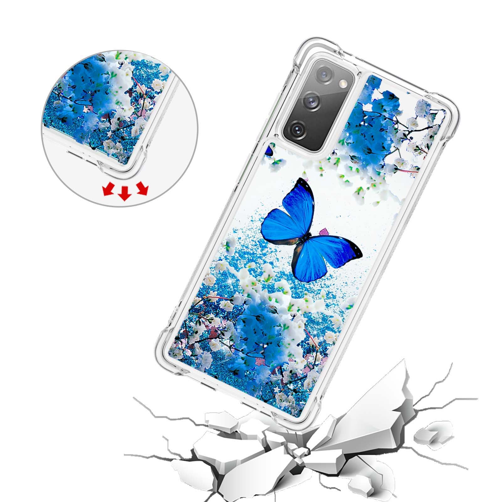 Quicksand Moving Bling Glitter Pattern Printing Clear Soft TPU Phone Case for Samsung Galaxy S20 FE 2022/S20 FE/S20 FE 5G/S20 Lite - Blue Butterfly