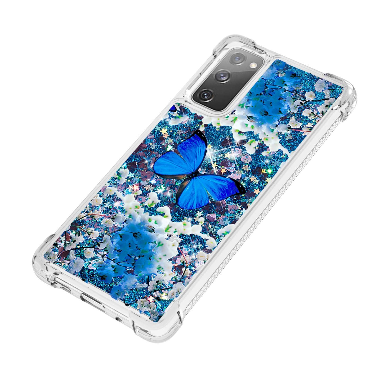 Quicksand Moving Bling Glitter Pattern Printing Clear Soft TPU Phone Case for Samsung Galaxy S20 FE 2022/S20 FE/S20 FE 5G/S20 Lite - Blue Butterfly