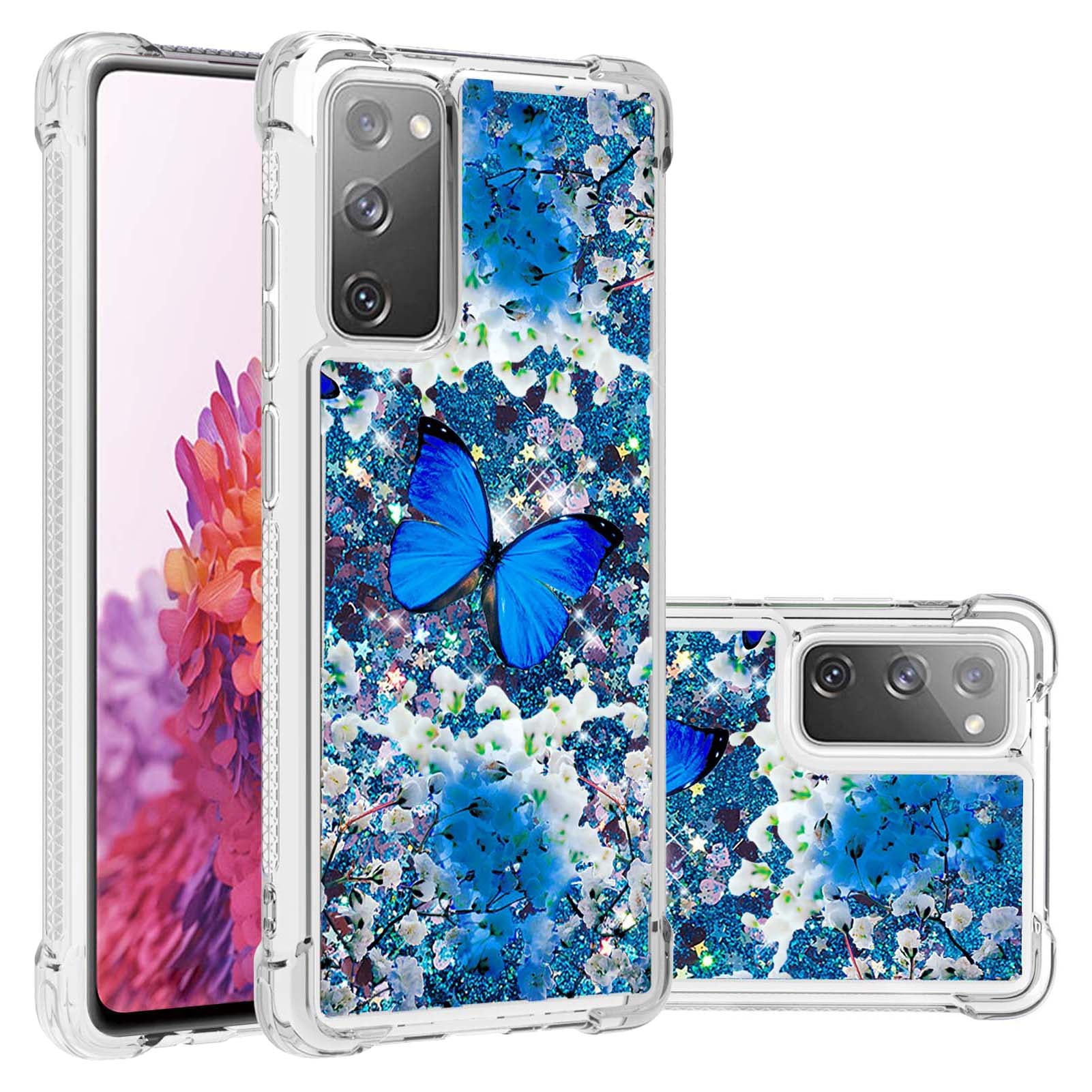 Quicksand Moving Bling Glitter Pattern Printing Clear Soft TPU Phone Case for Samsung Galaxy S20 FE 2022/S20 FE/S20 FE 5G/S20 Lite - Blue Butterfly