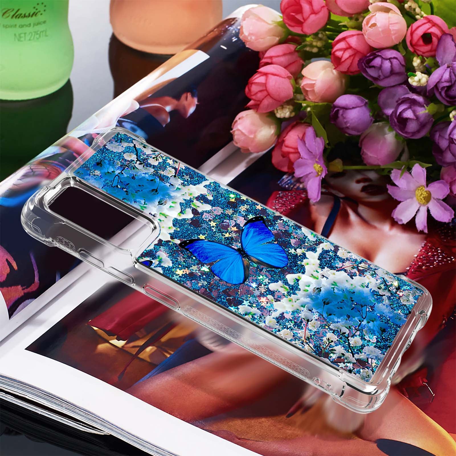 Quicksand Moving Bling Glitter Pattern Printing Clear Soft TPU Phone Case for Samsung Galaxy S20 FE 2022/S20 FE/S20 FE 5G/S20 Lite - Blue Butterfly