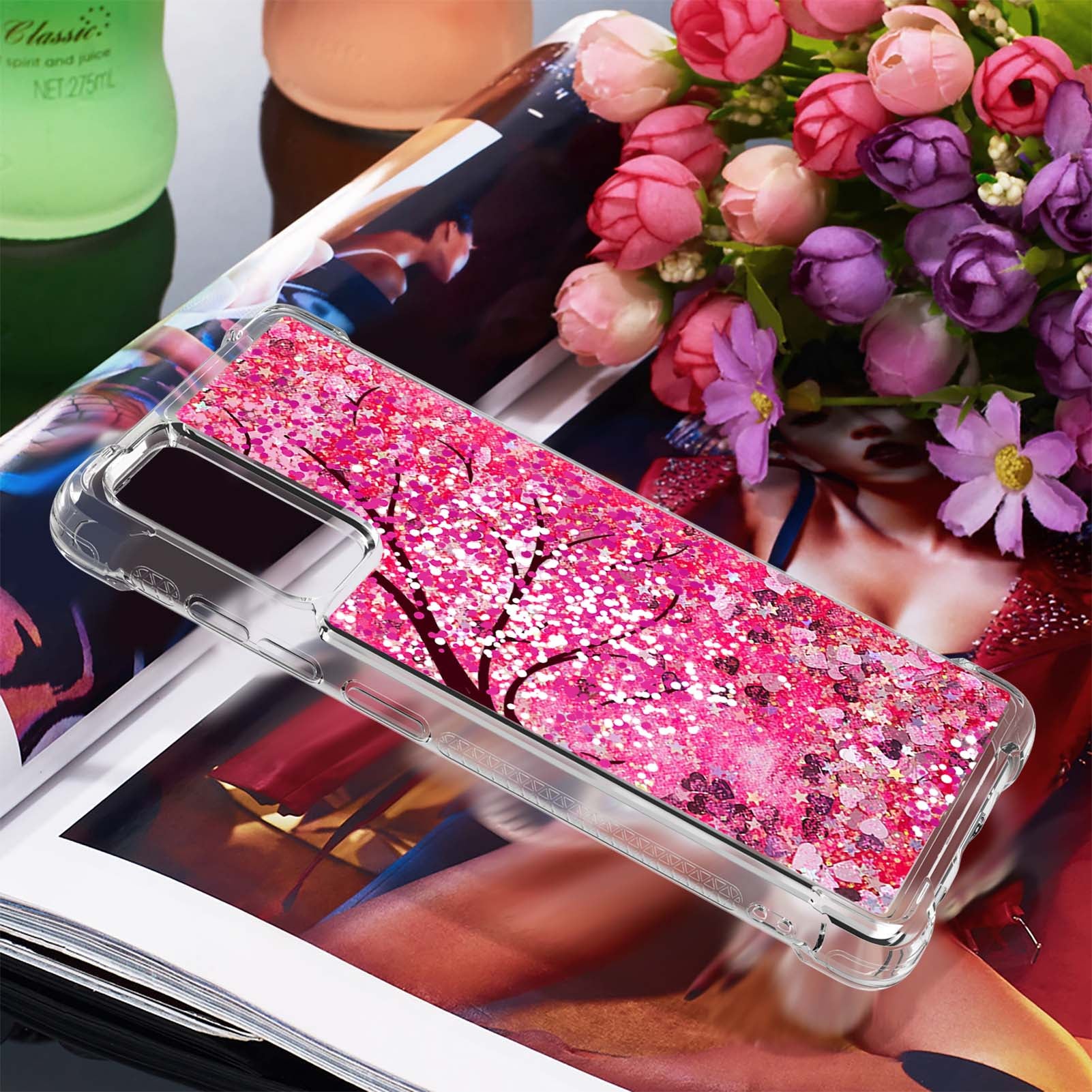 Quicksand Moving Bling Glitter Pattern Printing Clear Soft TPU Phone Case for Samsung Galaxy S20 FE 2022/S20 FE/S20 FE 5G/S20 Lite - Cherry Blossom