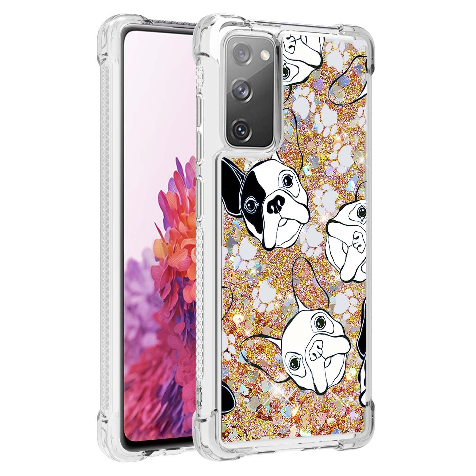 Quicksand Moving Bling Glitter Pattern Printing Clear Soft TPU Phone Case for Samsung Galaxy S20 FE 2022/S20 FE/S20 FE 5G/S20 Lite - Black/White Puppy