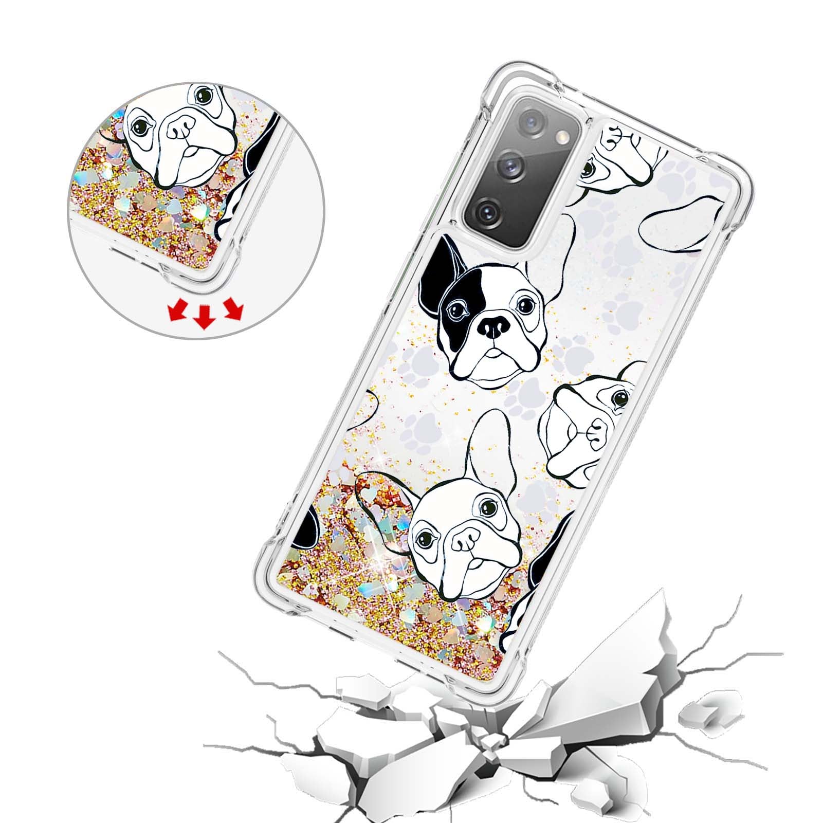 Quicksand Moving Bling Glitter Pattern Printing Clear Soft TPU Phone Case for Samsung Galaxy S20 FE 2022/S20 FE/S20 FE 5G/S20 Lite - Black/White Puppy