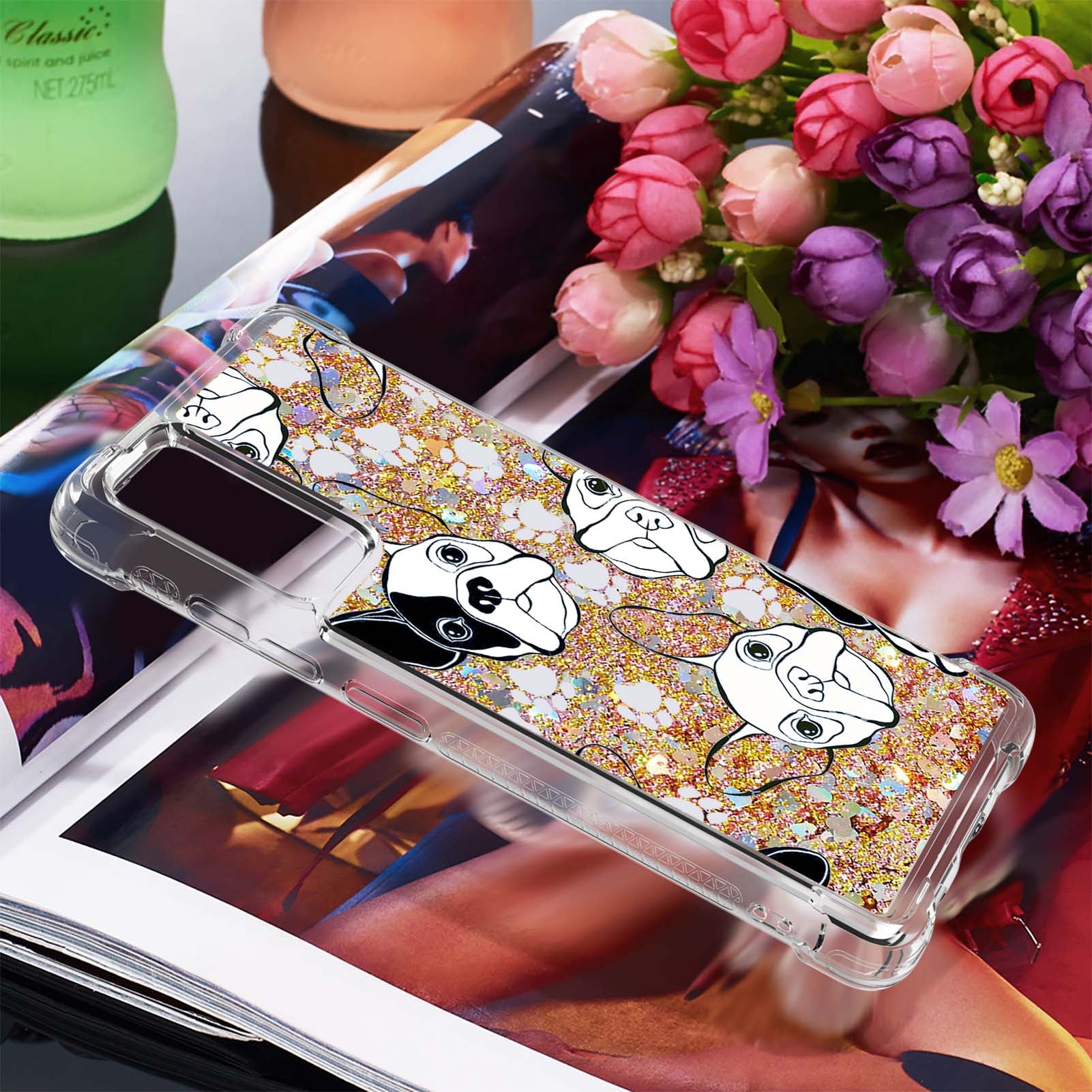 Quicksand Moving Bling Glitter Pattern Printing Clear Soft TPU Phone Case for Samsung Galaxy S20 FE 2022/S20 FE/S20 FE 5G/S20 Lite - Black/White Puppy