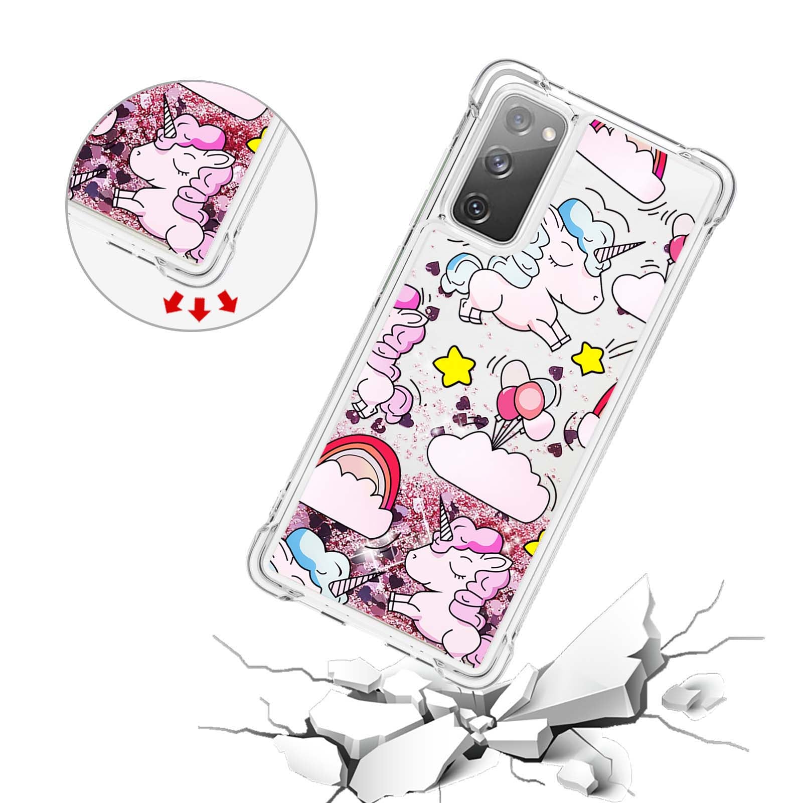 Quicksand Moving Bling Glitter Pattern Printing Clear Soft TPU Phone Case for Samsung Galaxy S20 FE 2022/S20 FE/S20 FE 5G/S20 Lite - Unicorns and Balloon