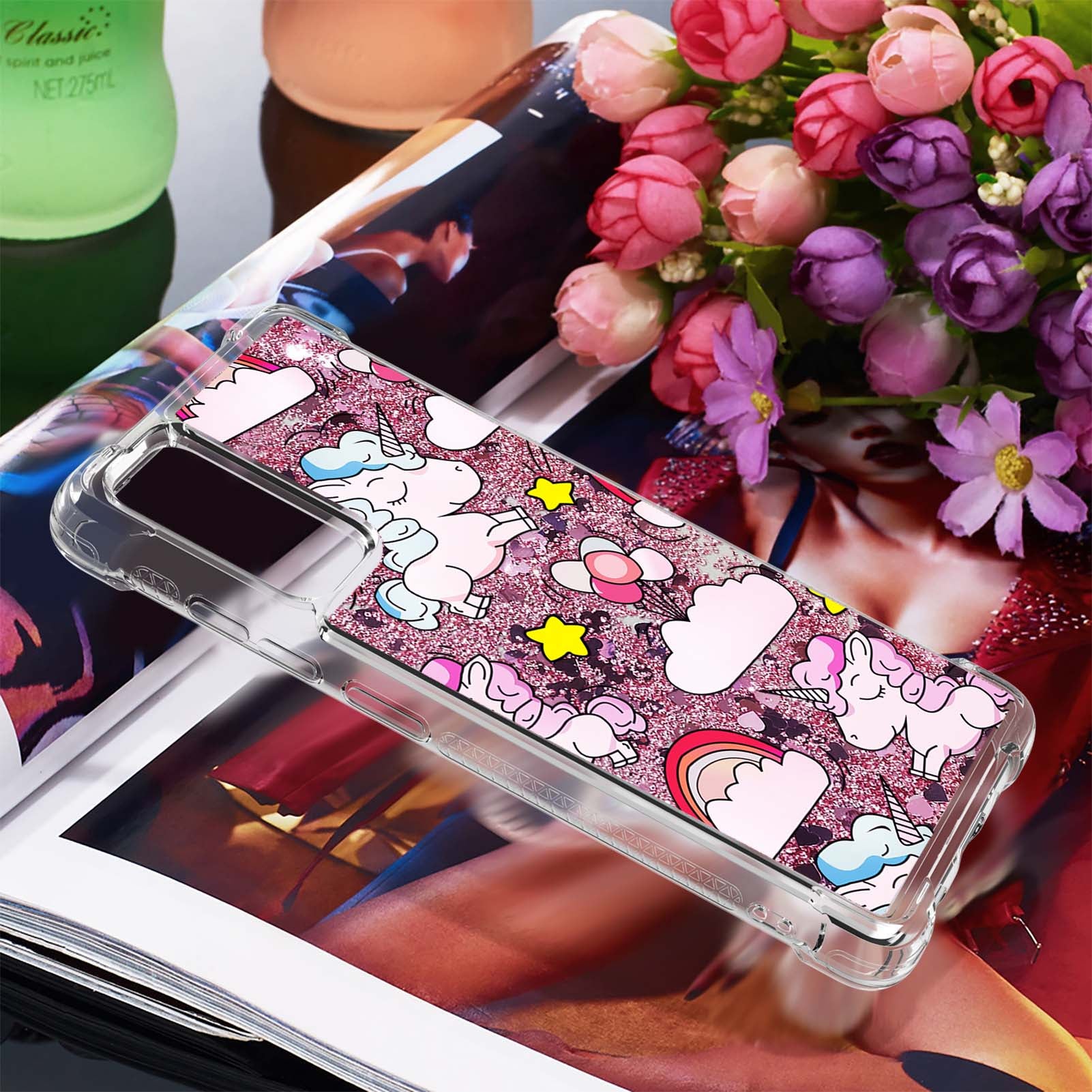 Quicksand Moving Bling Glitter Pattern Printing Clear Soft TPU Phone Case for Samsung Galaxy S20 FE 2022/S20 FE/S20 FE 5G/S20 Lite - Unicorns and Balloon