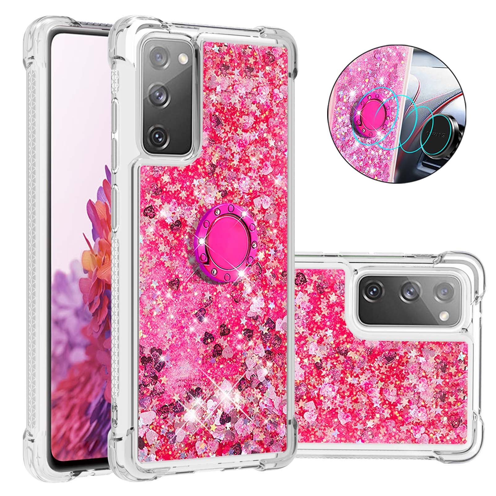 For Samsung Galaxy S20 FE 2022/S20 FE 4G/5G/S20 Fan Edition 4G/5G/S20 Lite Quicksand Glitter Flowing Liquid Anti-drop Ring Holder Kickstand Design TPU Cover - Pink Heart