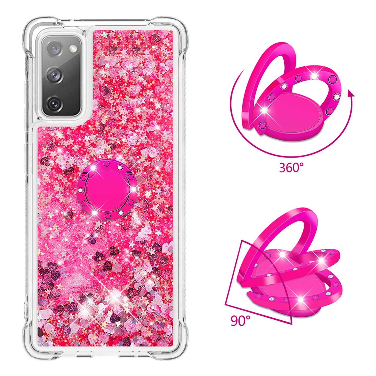 For Samsung Galaxy S20 FE 2022/S20 FE 4G/5G/S20 Fan Edition 4G/5G/S20 Lite Quicksand Glitter Flowing Liquid Anti-drop Ring Holder Kickstand Design TPU Cover - Pink Heart