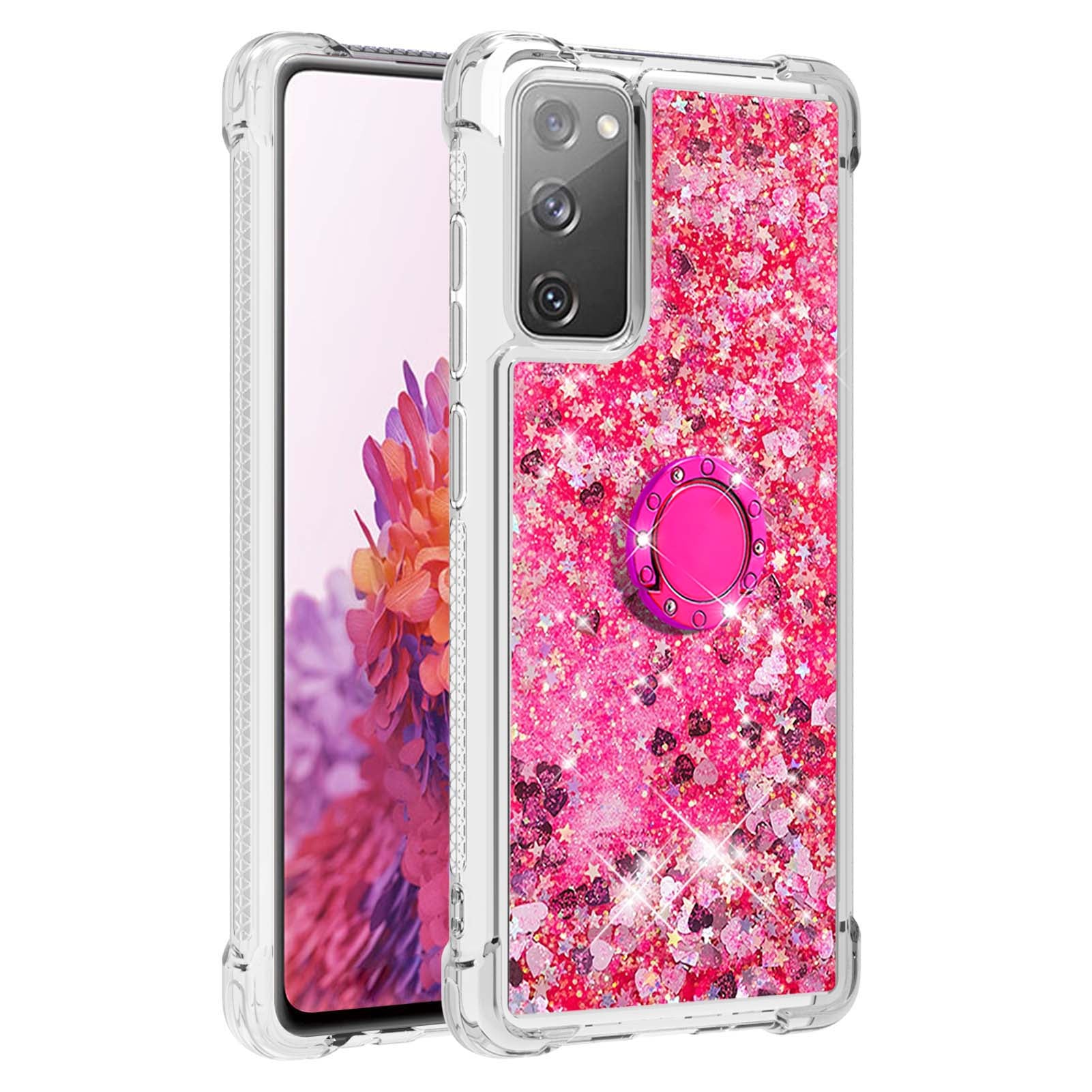 For Samsung Galaxy S20 FE 2022/S20 FE 4G/5G/S20 Fan Edition 4G/5G/S20 Lite Quicksand Glitter Flowing Liquid Anti-drop Ring Holder Kickstand Design TPU Cover - Pink Heart