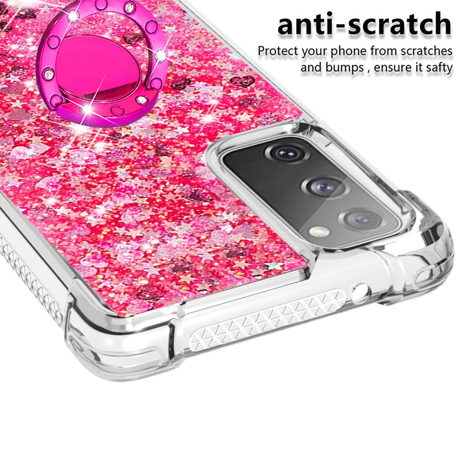 For Samsung Galaxy S20 FE 2022/S20 FE 4G/5G/S20 Fan Edition 4G/5G/S20 Lite Quicksand Glitter Flowing Liquid Anti-drop Ring Holder Kickstand Design TPU Cover - Pink Heart