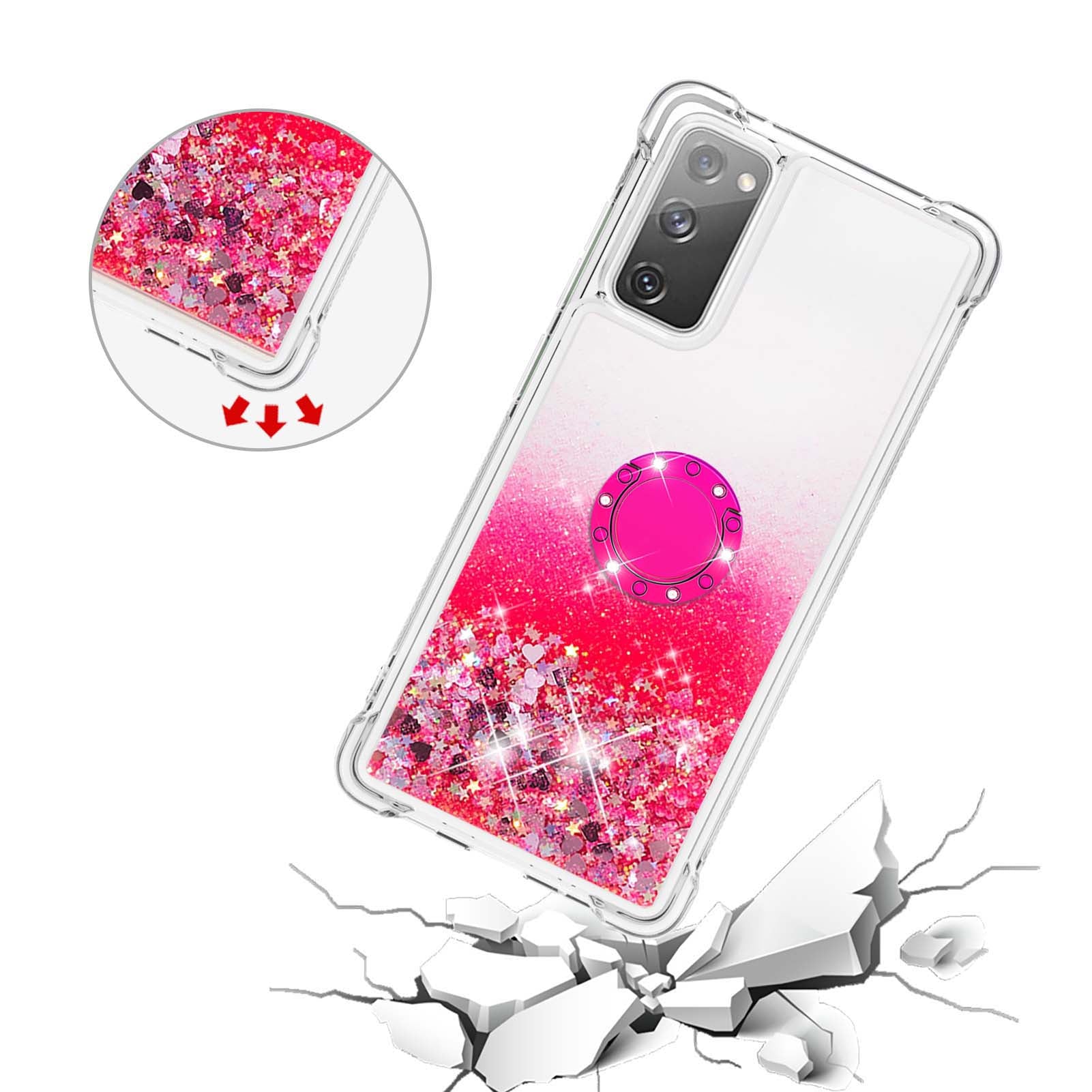 For Samsung Galaxy S20 FE 2022/S20 FE 4G/5G/S20 Fan Edition 4G/5G/S20 Lite Quicksand Glitter Flowing Liquid Anti-drop Ring Holder Kickstand Design TPU Cover - Pink Heart