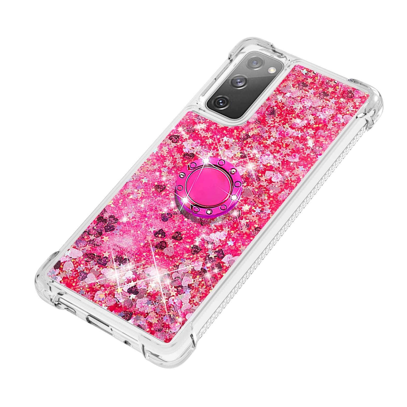 For Samsung Galaxy S20 FE 2022/S20 FE 4G/5G/S20 Fan Edition 4G/5G/S20 Lite Quicksand Glitter Flowing Liquid Anti-drop Ring Holder Kickstand Design TPU Cover - Pink Heart