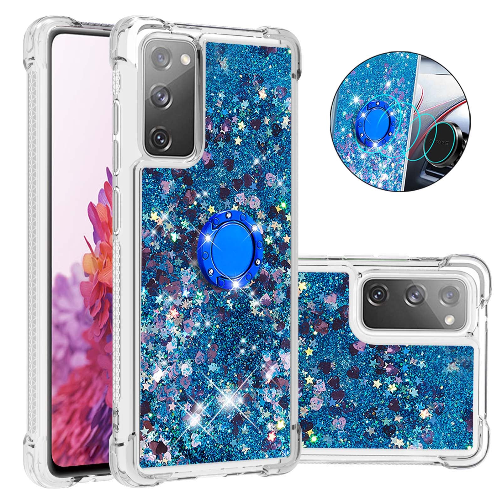 For Samsung Galaxy S20 FE 2022/S20 FE 4G/5G/S20 Fan Edition 4G/5G/S20 Lite Quicksand Glitter Flowing Liquid Anti-drop Ring Holder Kickstand Design TPU Cover - Blue Hearts