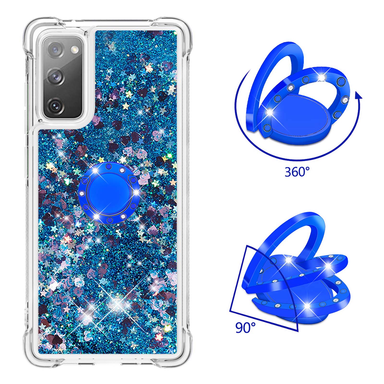 For Samsung Galaxy S20 FE 2022/S20 FE 4G/5G/S20 Fan Edition 4G/5G/S20 Lite Quicksand Glitter Flowing Liquid Anti-drop Ring Holder Kickstand Design TPU Cover - Blue Hearts