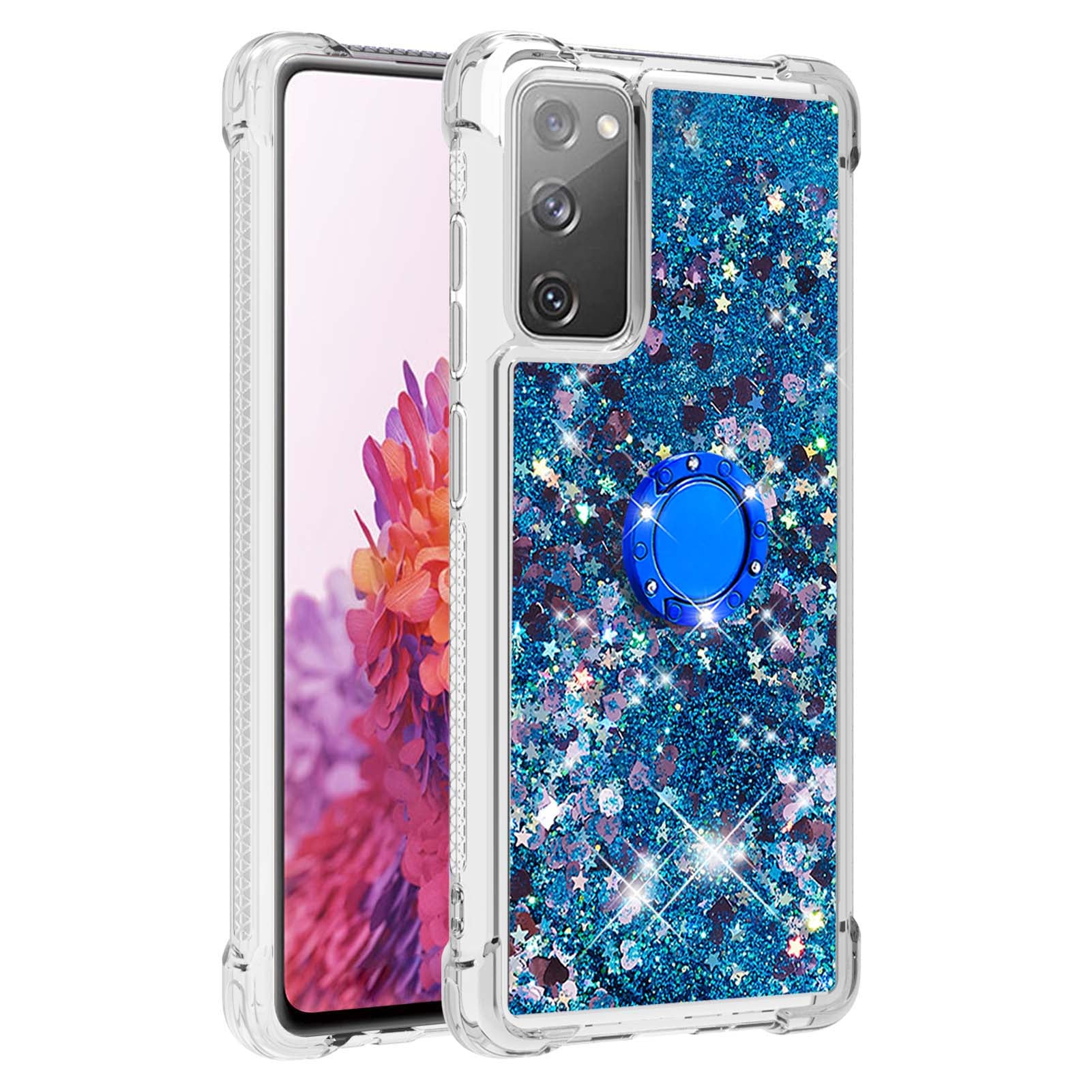 For Samsung Galaxy S20 FE 2022/S20 FE 4G/5G/S20 Fan Edition 4G/5G/S20 Lite Quicksand Glitter Flowing Liquid Anti-drop Ring Holder Kickstand Design TPU Cover - Blue Hearts