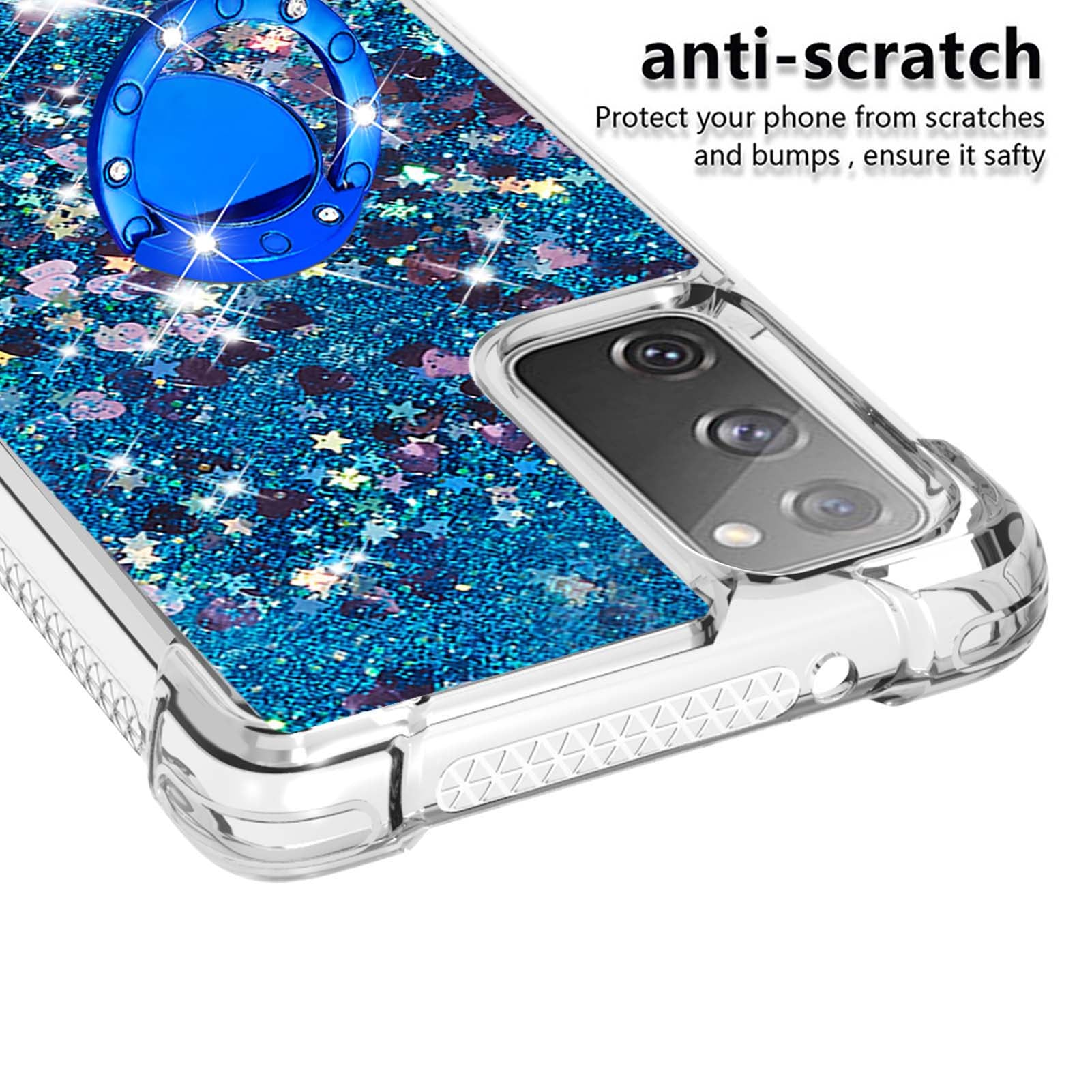 For Samsung Galaxy S20 FE 2022/S20 FE 4G/5G/S20 Fan Edition 4G/5G/S20 Lite Quicksand Glitter Flowing Liquid Anti-drop Ring Holder Kickstand Design TPU Cover - Blue Hearts