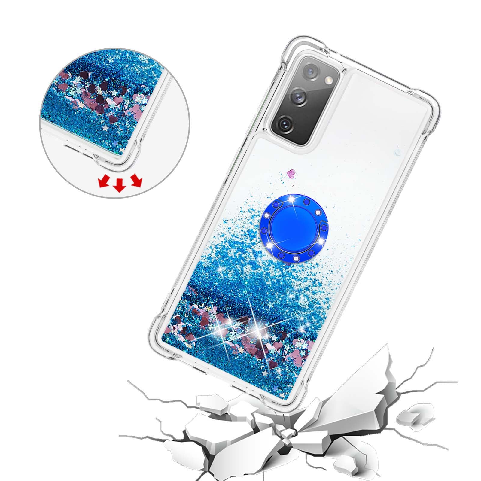 For Samsung Galaxy S20 FE 2022/S20 FE 4G/5G/S20 Fan Edition 4G/5G/S20 Lite Quicksand Glitter Flowing Liquid Anti-drop Ring Holder Kickstand Design TPU Cover - Blue Hearts