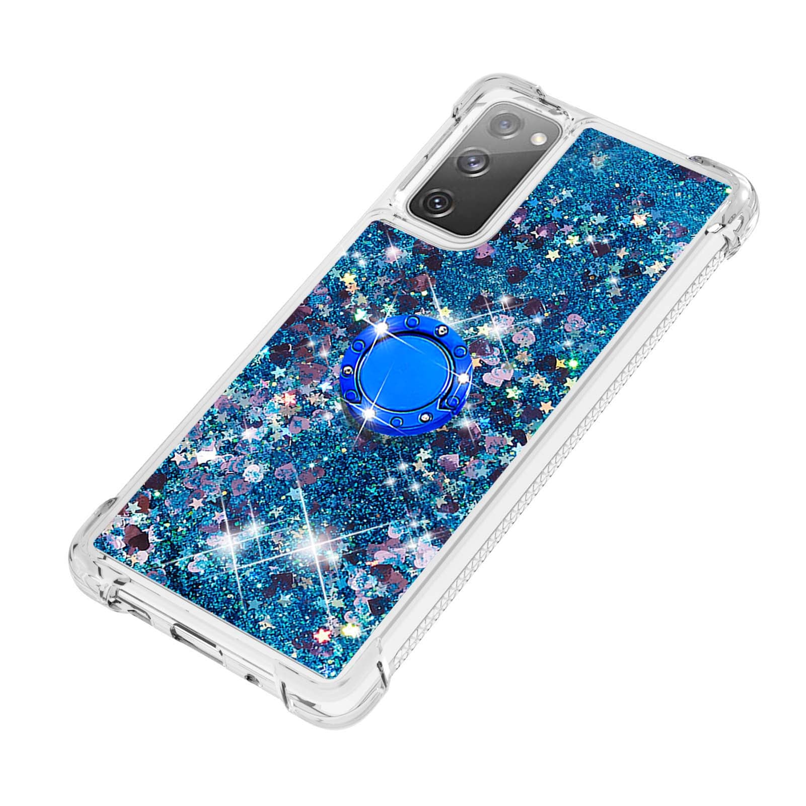 For Samsung Galaxy S20 FE 2022/S20 FE 4G/5G/S20 Fan Edition 4G/5G/S20 Lite Quicksand Glitter Flowing Liquid Anti-drop Ring Holder Kickstand Design TPU Cover - Blue Hearts