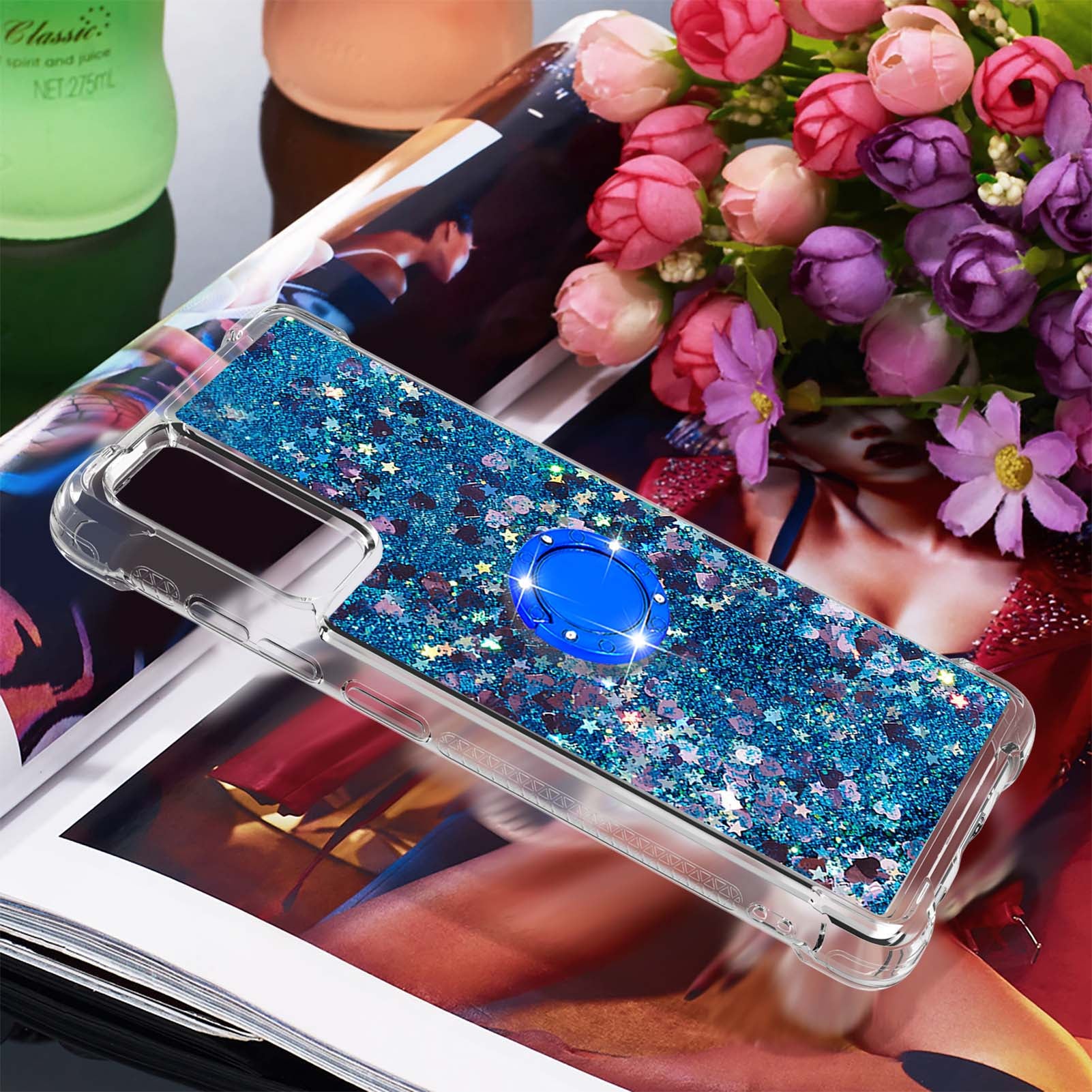 For Samsung Galaxy S20 FE 2022/S20 FE 4G/5G/S20 Fan Edition 4G/5G/S20 Lite Quicksand Glitter Flowing Liquid Anti-drop Ring Holder Kickstand Design TPU Cover - Blue Hearts