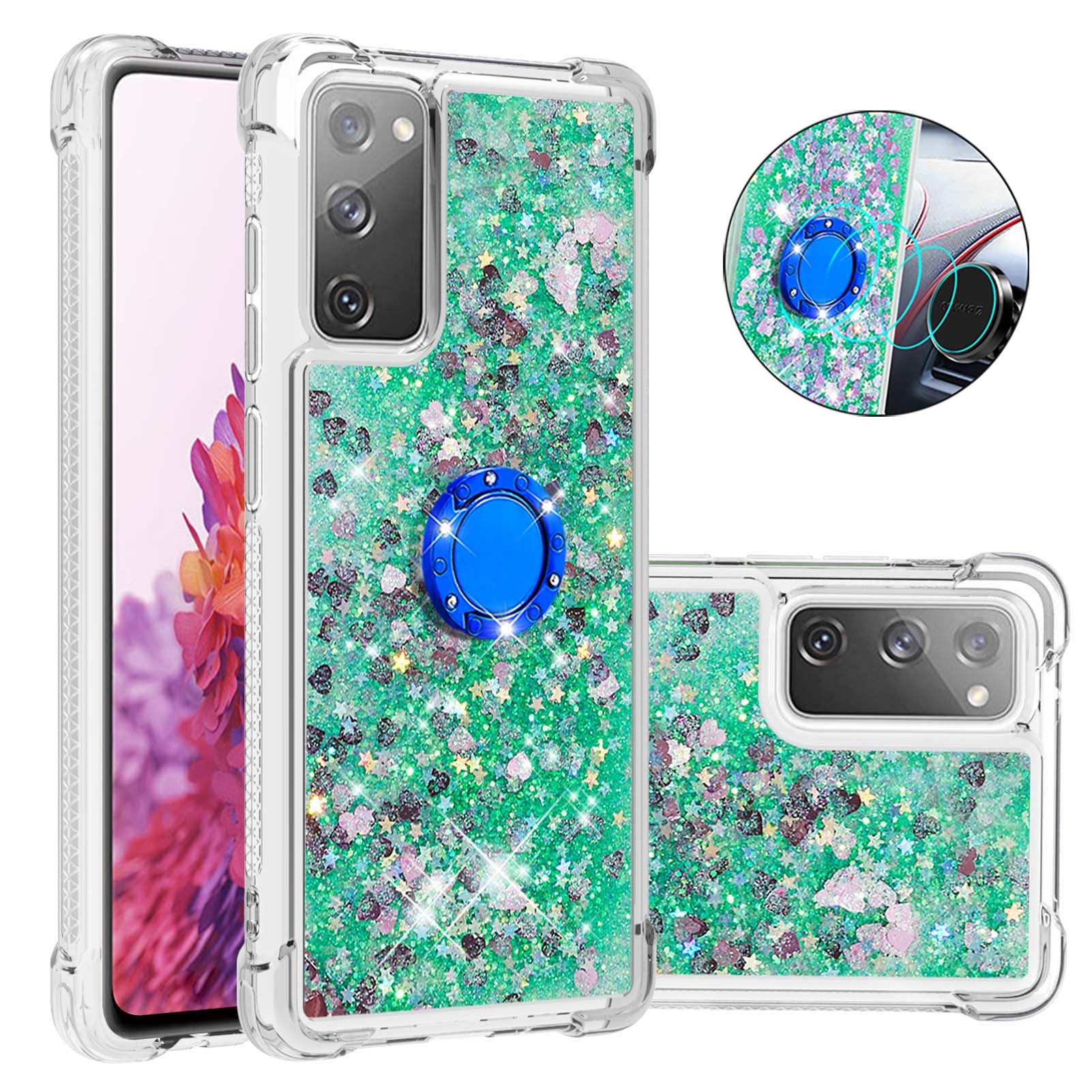 For Samsung Galaxy S20 FE 2022/S20 FE 4G/5G/S20 Fan Edition 4G/5G/S20 Lite Quicksand Glitter Flowing Liquid Anti-drop Ring Holder Kickstand Design TPU Cover - Green Hearts