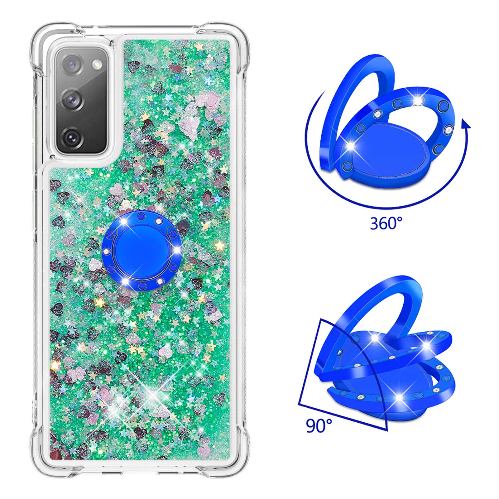 For Samsung Galaxy S20 FE 2022/S20 FE 4G/5G/S20 Fan Edition 4G/5G/S20 Lite Quicksand Glitter Flowing Liquid Anti-drop Ring Holder Kickstand Design TPU Cover - Green Hearts