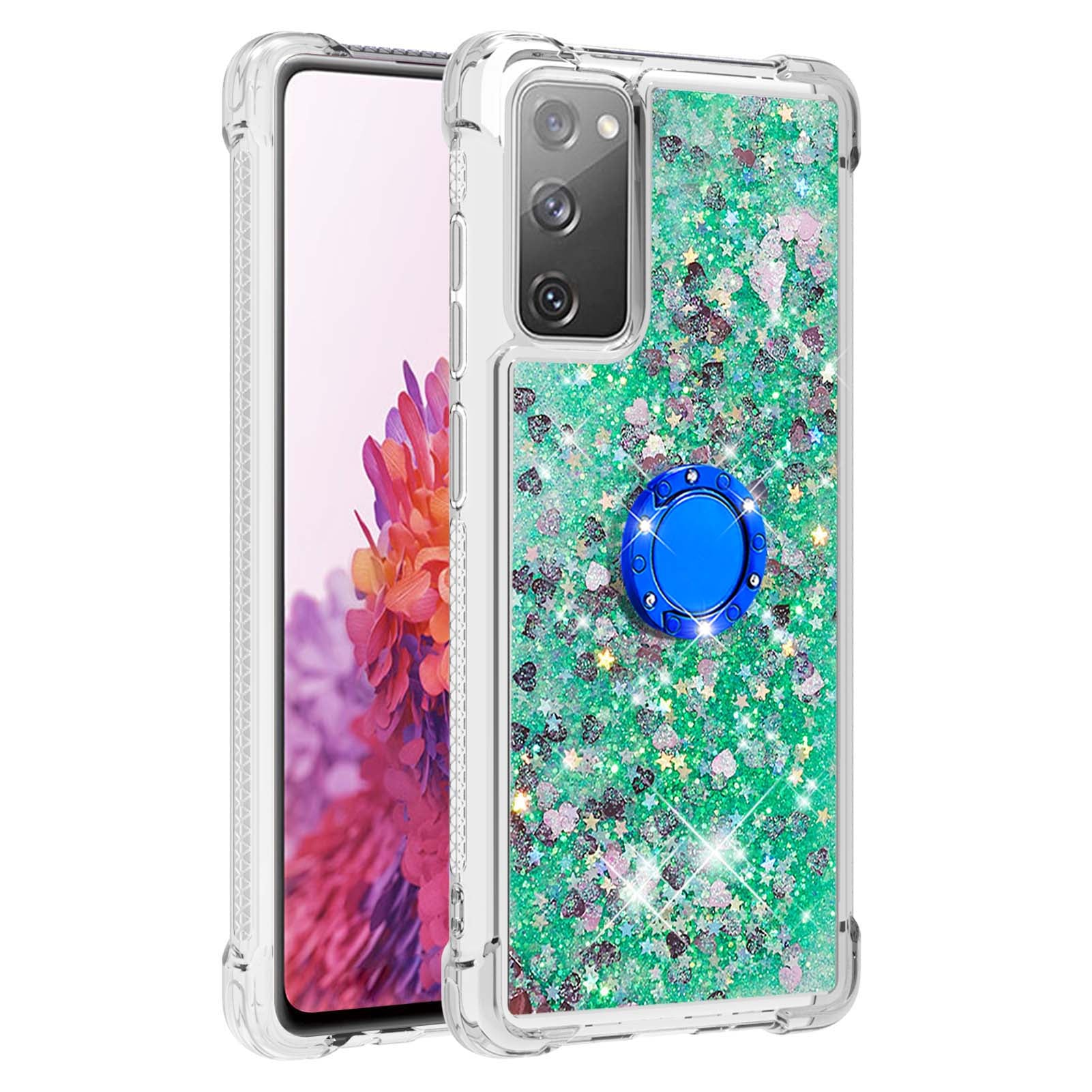 For Samsung Galaxy S20 FE 2022/S20 FE 4G/5G/S20 Fan Edition 4G/5G/S20 Lite Quicksand Glitter Flowing Liquid Anti-drop Ring Holder Kickstand Design TPU Cover - Green Hearts