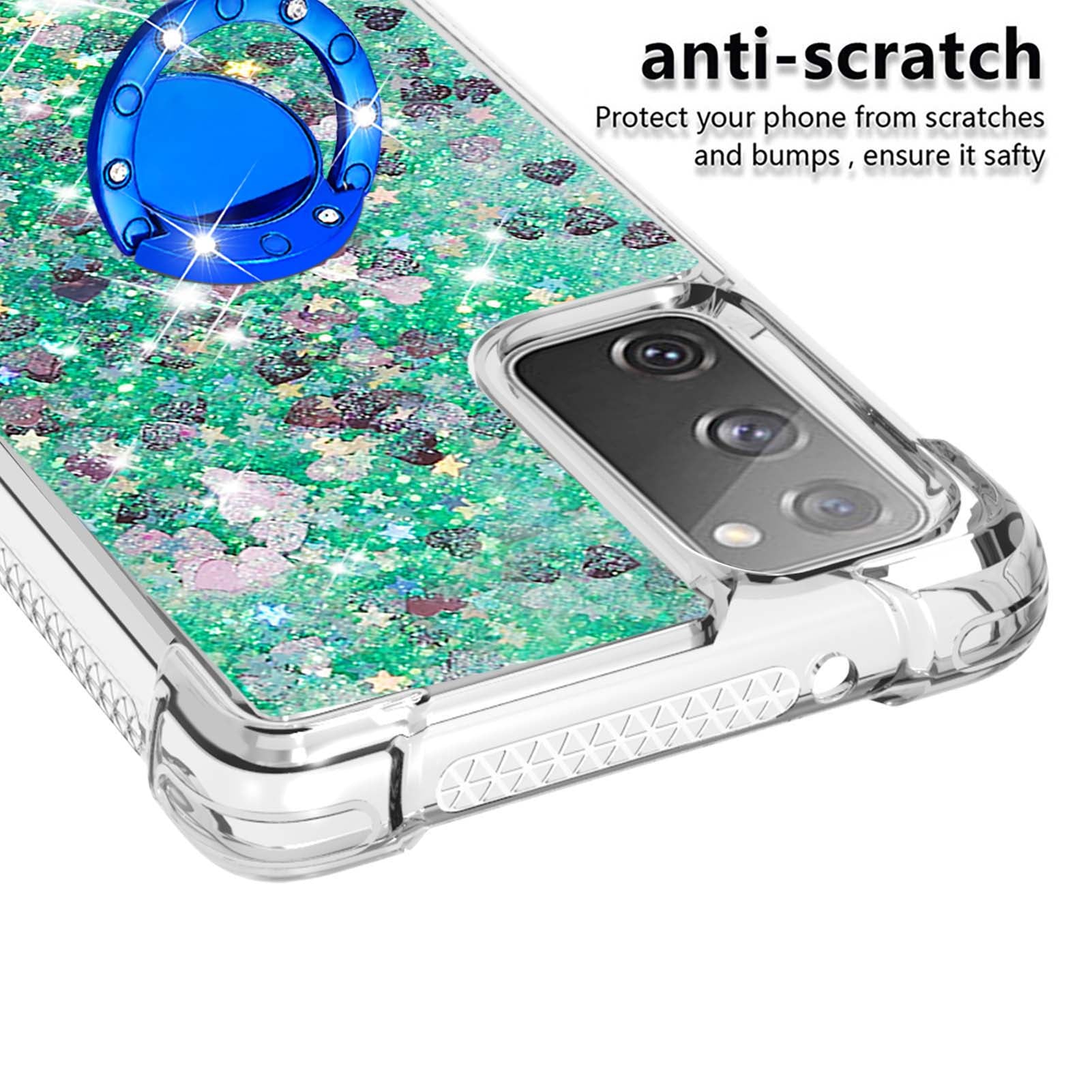 For Samsung Galaxy S20 FE 2022/S20 FE 4G/5G/S20 Fan Edition 4G/5G/S20 Lite Quicksand Glitter Flowing Liquid Anti-drop Ring Holder Kickstand Design TPU Cover - Green Hearts