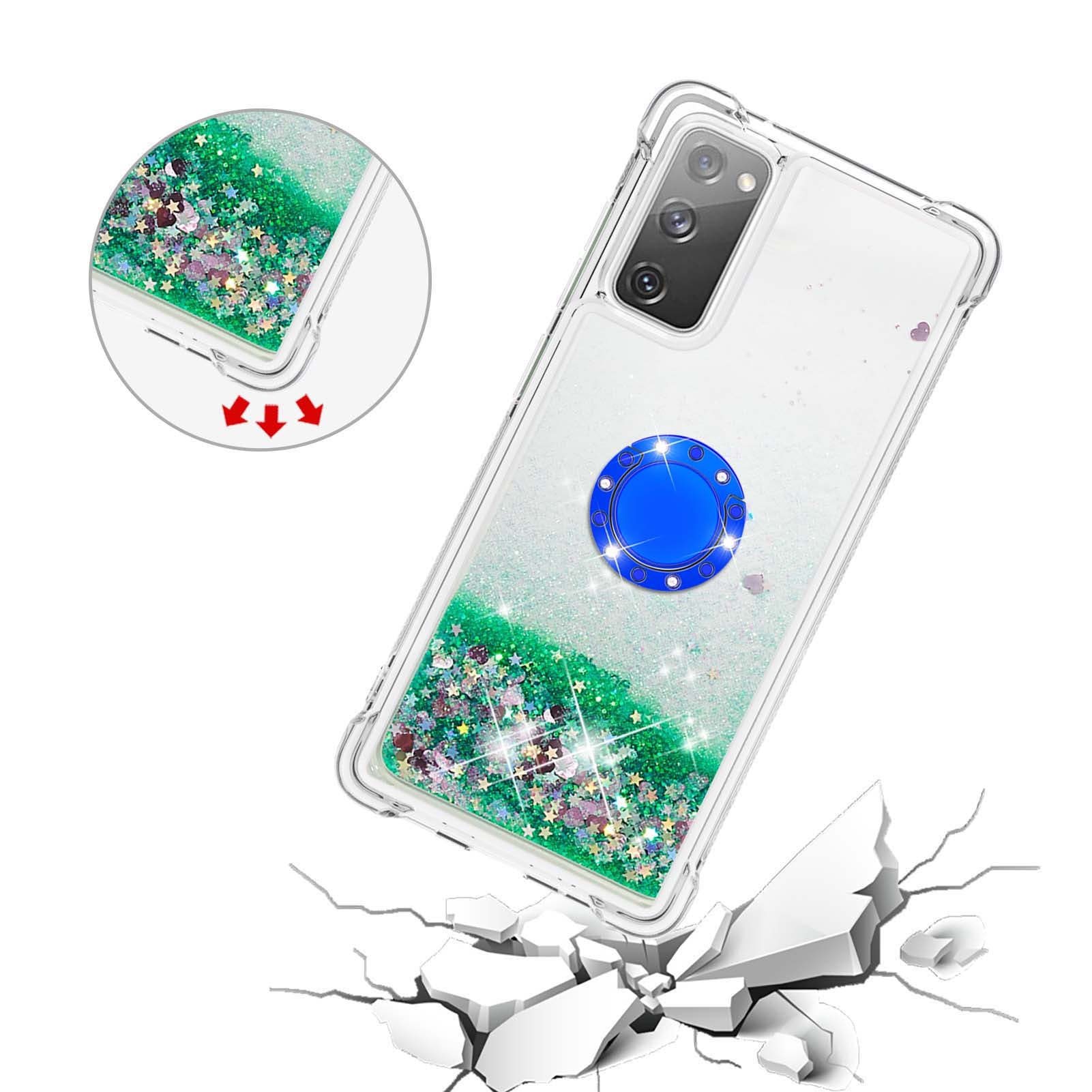 For Samsung Galaxy S20 FE 2022/S20 FE 4G/5G/S20 Fan Edition 4G/5G/S20 Lite Quicksand Glitter Flowing Liquid Anti-drop Ring Holder Kickstand Design TPU Cover - Green Hearts