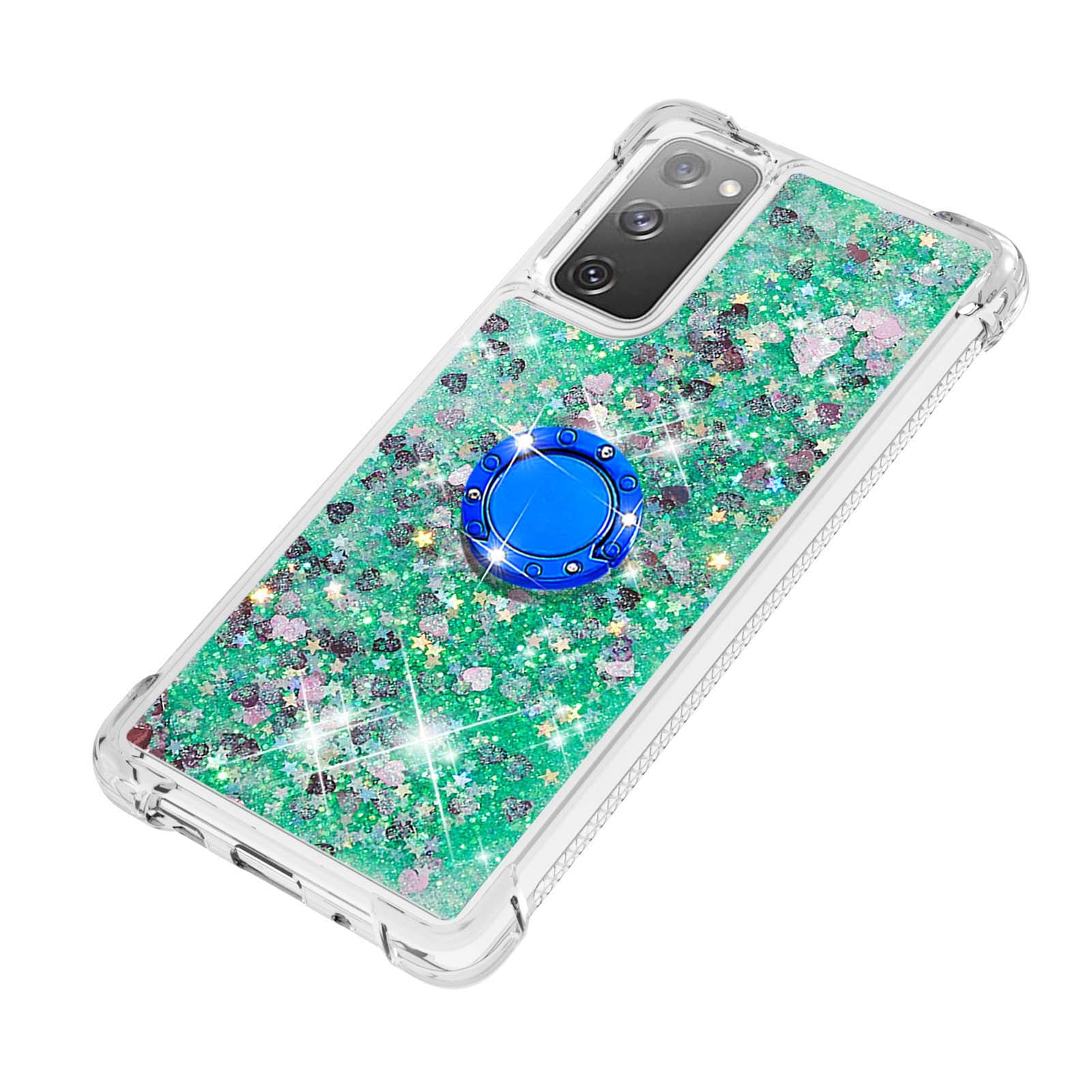 For Samsung Galaxy S20 FE 2022/S20 FE 4G/5G/S20 Fan Edition 4G/5G/S20 Lite Quicksand Glitter Flowing Liquid Anti-drop Ring Holder Kickstand Design TPU Cover - Green Hearts