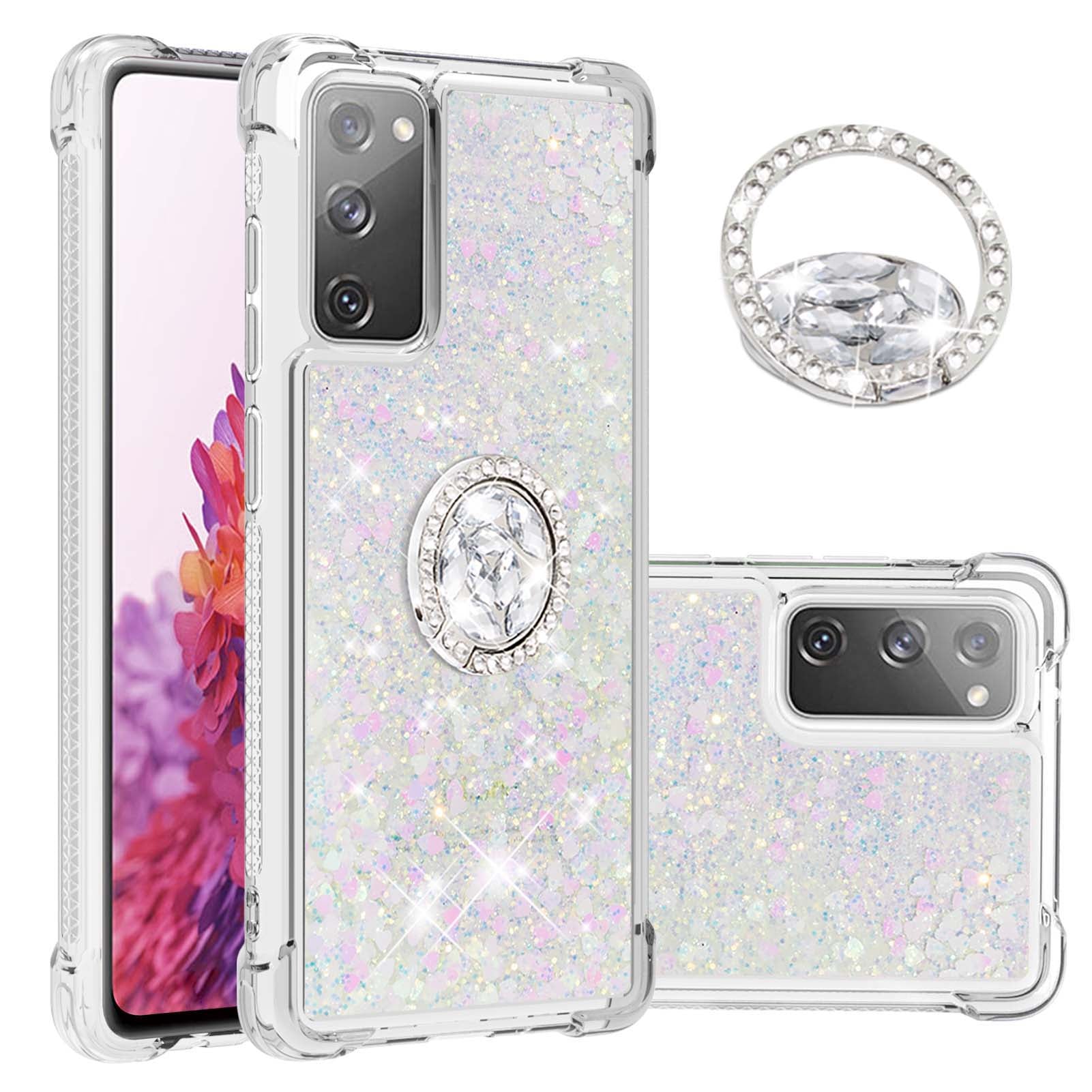 For Samsung Galaxy S20 FE 2022/S20 FE 4G/5G/S20 Fan Edition 4G/5G/S20 Lite Quicksand Glitter Flowing Liquid Anti-drop Ring Holder Kickstand Design TPU Cover - Shiny Hearts