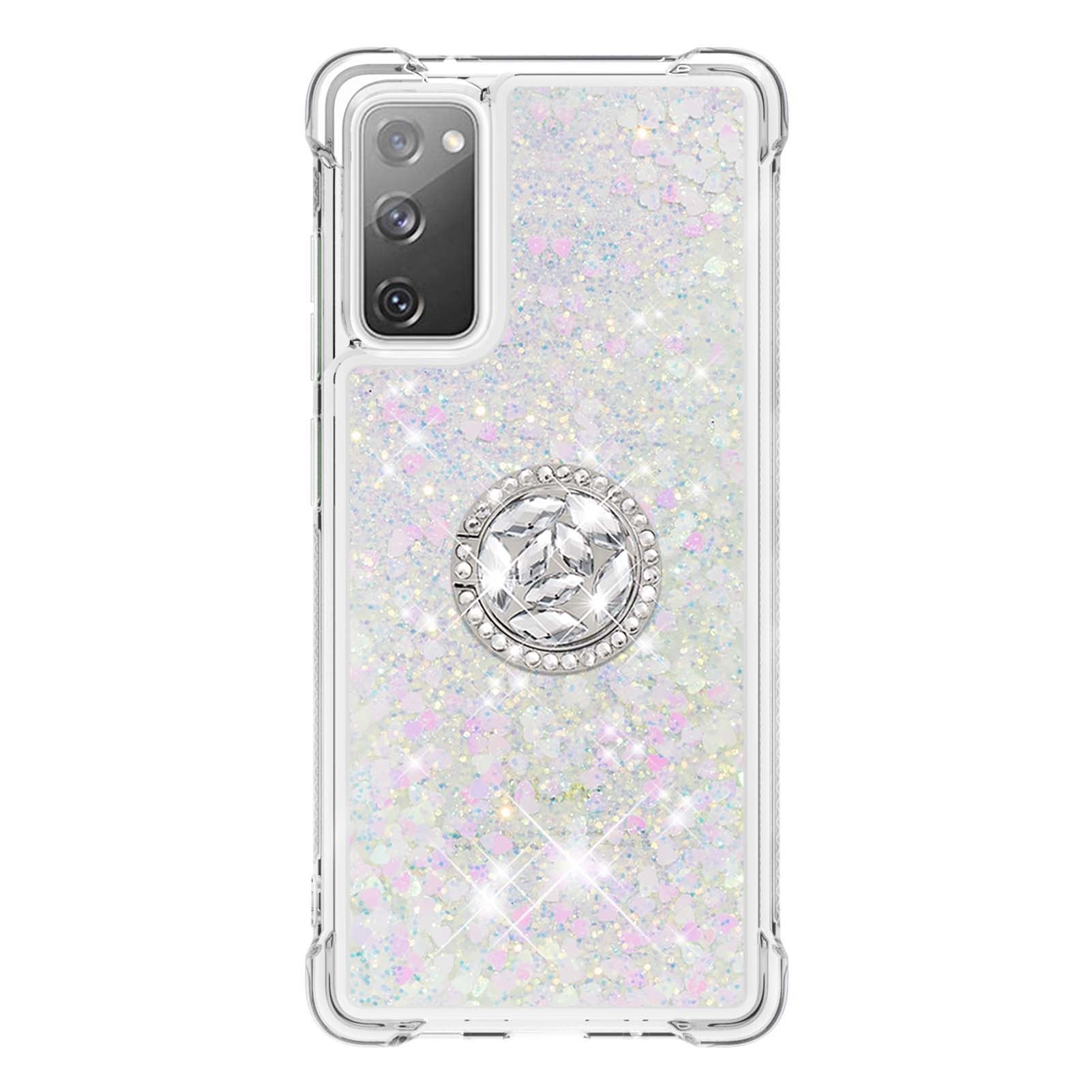 For Samsung Galaxy S20 FE 2022/S20 FE 4G/5G/S20 Fan Edition 4G/5G/S20 Lite Quicksand Glitter Flowing Liquid Anti-drop Ring Holder Kickstand Design TPU Cover - Shiny Hearts