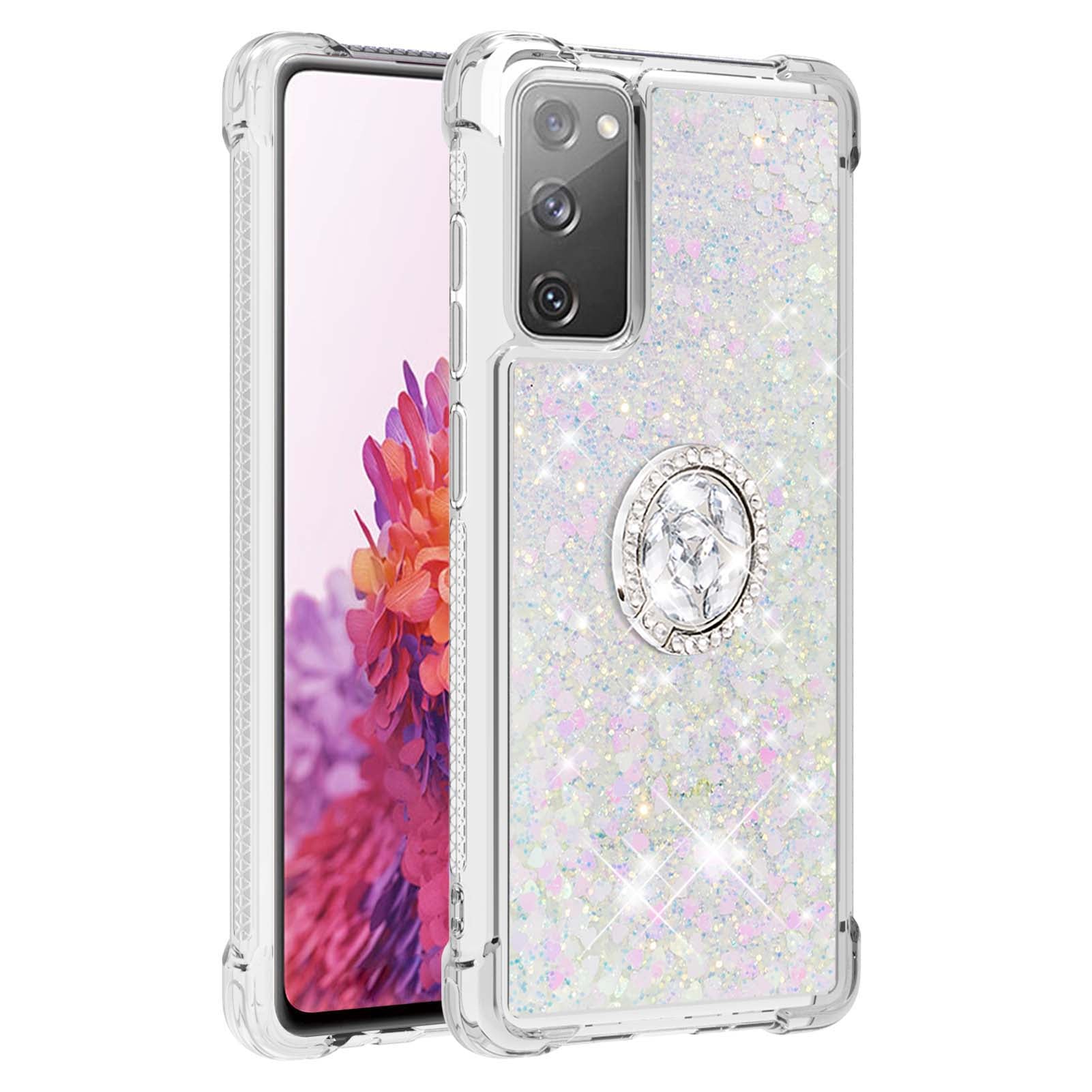 For Samsung Galaxy S20 FE 2022/S20 FE 4G/5G/S20 Fan Edition 4G/5G/S20 Lite Quicksand Glitter Flowing Liquid Anti-drop Ring Holder Kickstand Design TPU Cover - Shiny Hearts