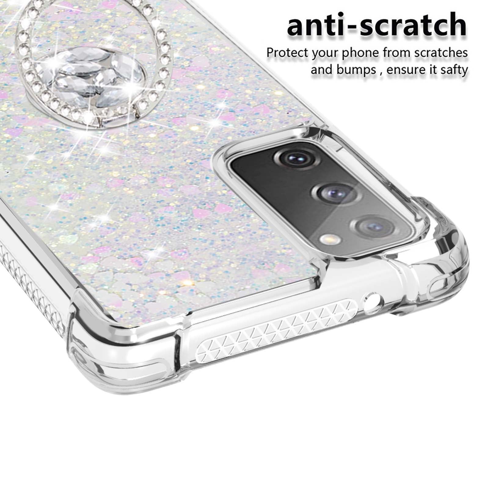 For Samsung Galaxy S20 FE 2022/S20 FE 4G/5G/S20 Fan Edition 4G/5G/S20 Lite Quicksand Glitter Flowing Liquid Anti-drop Ring Holder Kickstand Design TPU Cover - Shiny Hearts