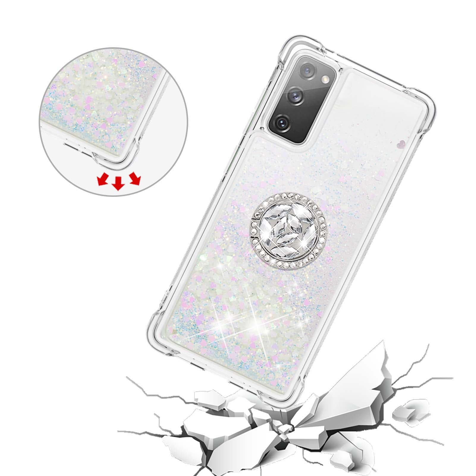 For Samsung Galaxy S20 FE 2022/S20 FE 4G/5G/S20 Fan Edition 4G/5G/S20 Lite Quicksand Glitter Flowing Liquid Anti-drop Ring Holder Kickstand Design TPU Cover - Shiny Hearts