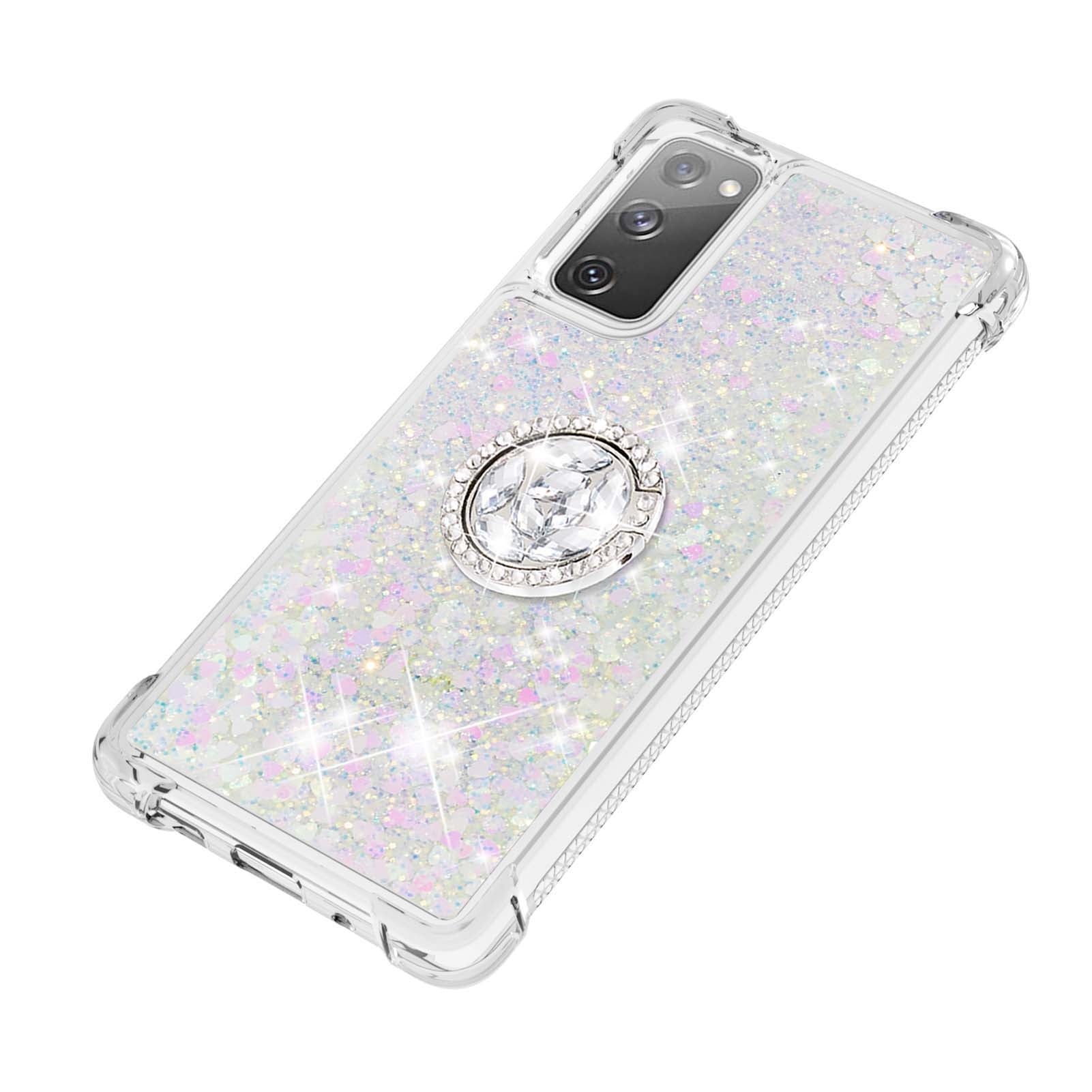 For Samsung Galaxy S20 FE 2022/S20 FE 4G/5G/S20 Fan Edition 4G/5G/S20 Lite Quicksand Glitter Flowing Liquid Anti-drop Ring Holder Kickstand Design TPU Cover - Shiny Hearts