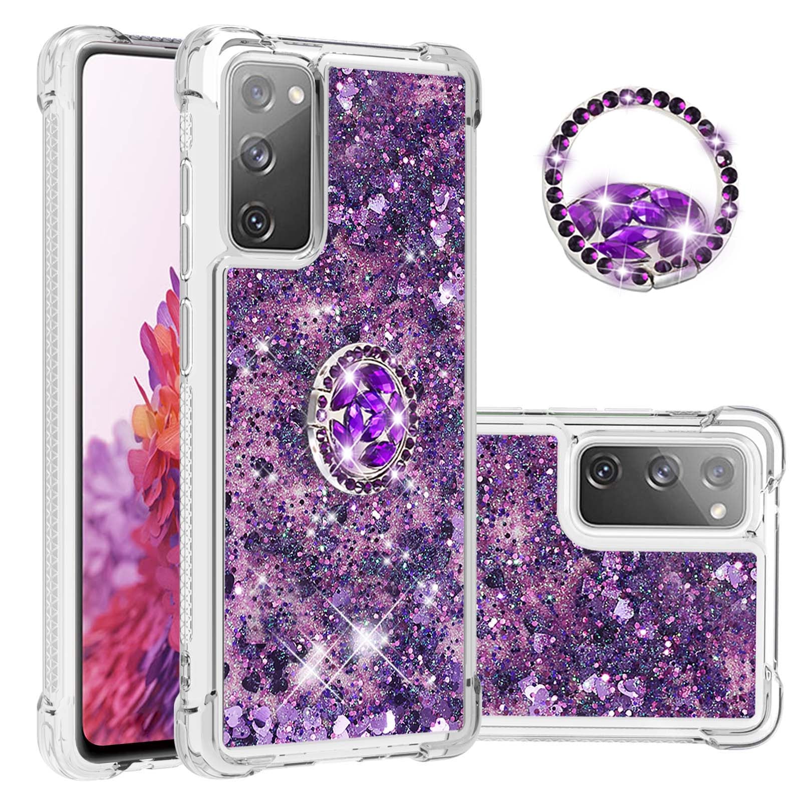 For Samsung Galaxy S20 FE 2022/S20 FE 4G/5G/S20 Fan Edition 4G/5G/S20 Lite Quicksand Glitter Flowing Liquid Anti-drop Ring Holder Kickstand Design TPU Cover - Dark Purple Hearts