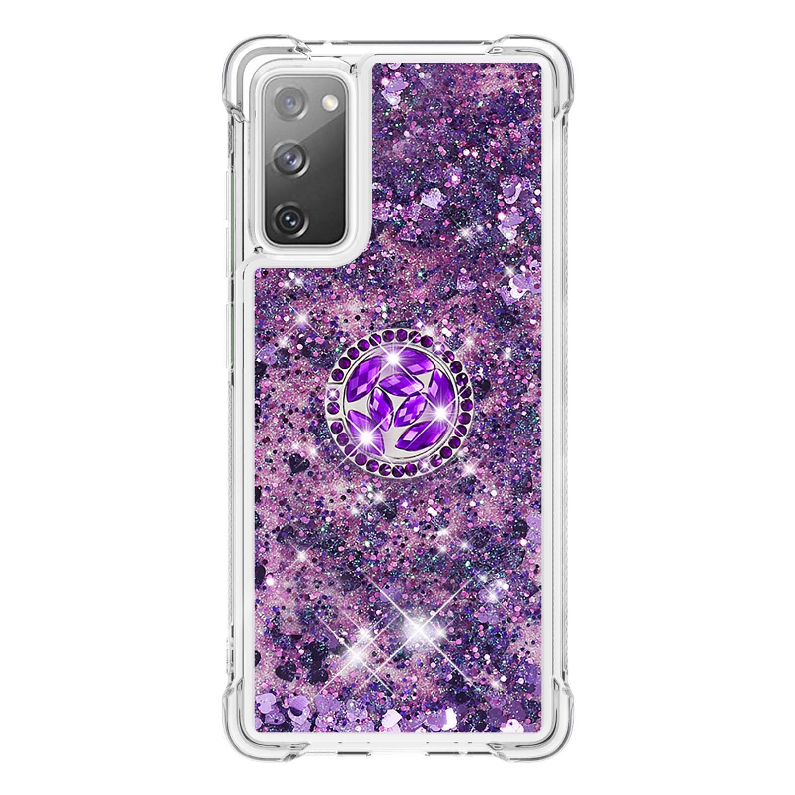 For Samsung Galaxy S20 FE 2022/S20 FE 4G/5G/S20 Fan Edition 4G/5G/S20 Lite Quicksand Glitter Flowing Liquid Anti-drop Ring Holder Kickstand Design TPU Cover - Dark Purple Hearts