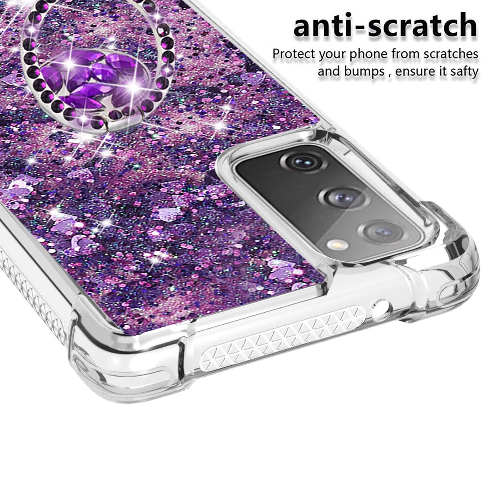 For Samsung Galaxy S20 FE 2022/S20 FE 4G/5G/S20 Fan Edition 4G/5G/S20 Lite Quicksand Glitter Flowing Liquid Anti-drop Ring Holder Kickstand Design TPU Cover - Dark Purple Hearts