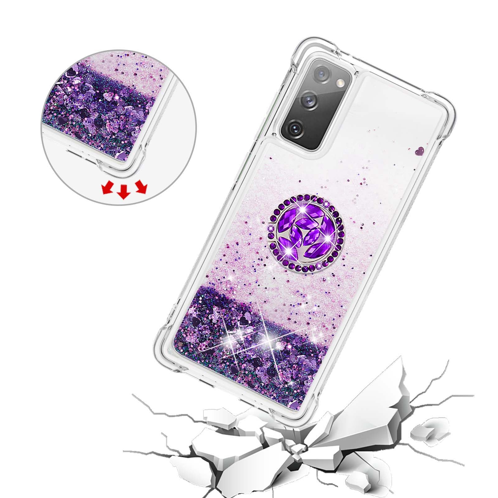 For Samsung Galaxy S20 FE 2022/S20 FE 4G/5G/S20 Fan Edition 4G/5G/S20 Lite Quicksand Glitter Flowing Liquid Anti-drop Ring Holder Kickstand Design TPU Cover - Dark Purple Hearts