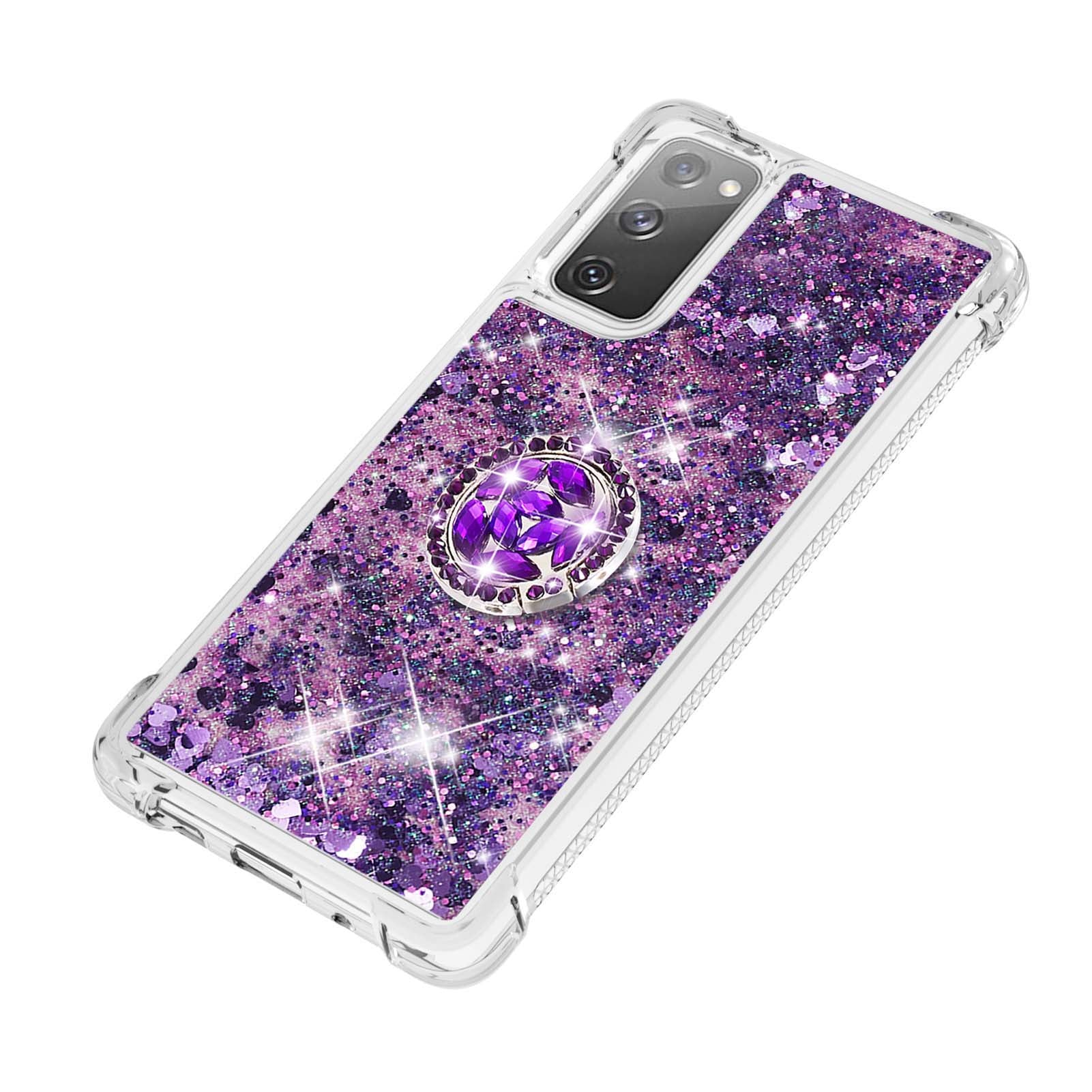 For Samsung Galaxy S20 FE 2022/S20 FE 4G/5G/S20 Fan Edition 4G/5G/S20 Lite Quicksand Glitter Flowing Liquid Anti-drop Ring Holder Kickstand Design TPU Cover - Dark Purple Hearts