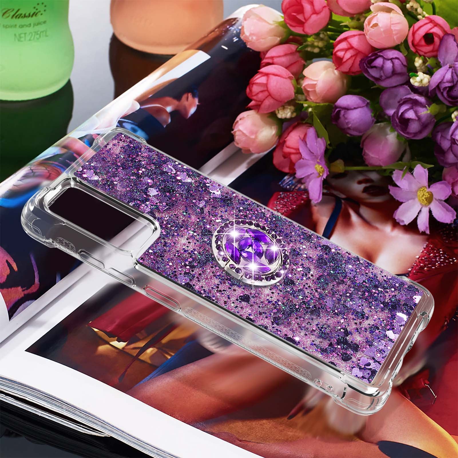 For Samsung Galaxy S20 FE 2022/S20 FE 4G/5G/S20 Fan Edition 4G/5G/S20 Lite Quicksand Glitter Flowing Liquid Anti-drop Ring Holder Kickstand Design TPU Cover - Dark Purple Hearts