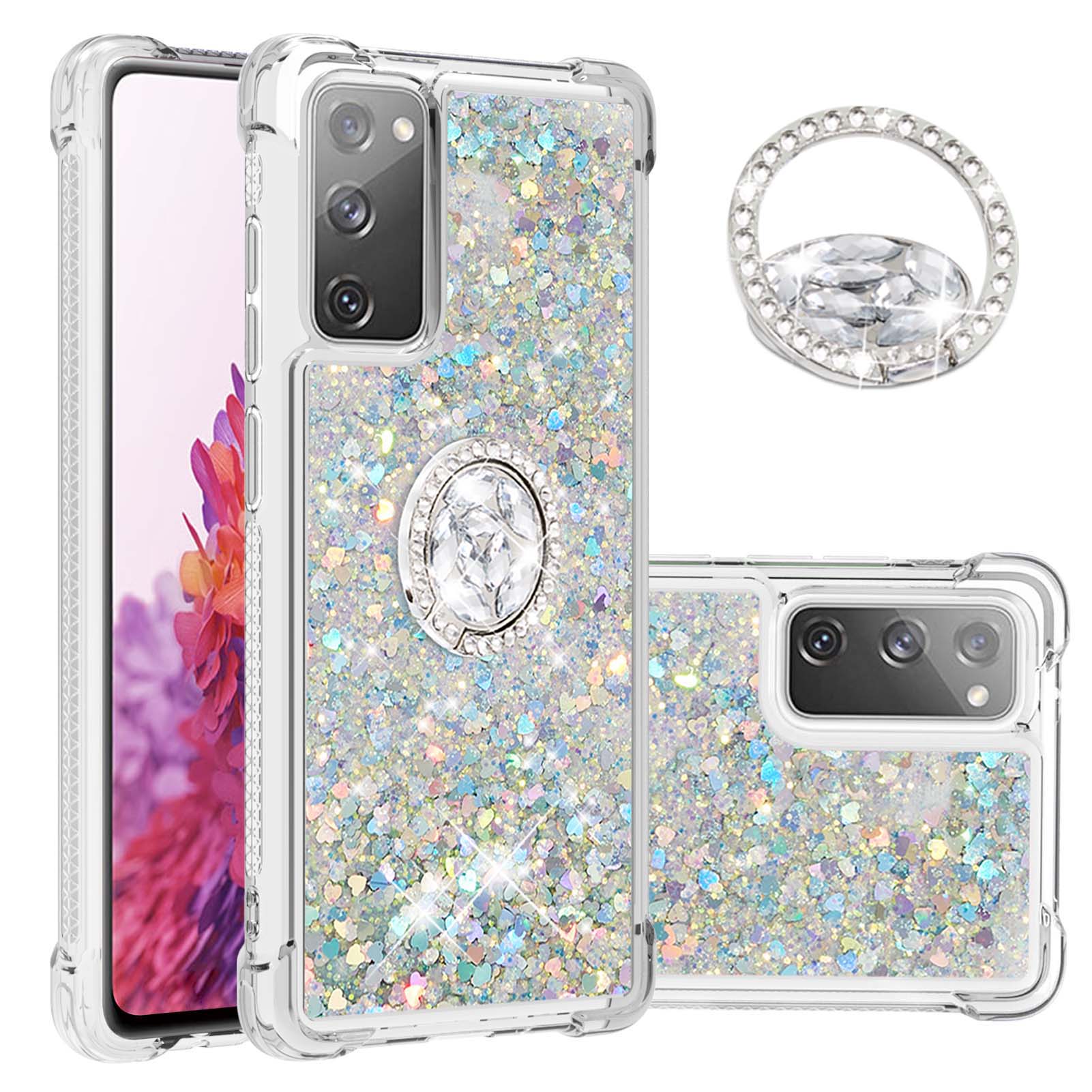 For Samsung Galaxy S20 FE 2022/S20 FE 4G/5G/S20 Fan Edition 4G/5G/S20 Lite Quicksand Glitter Flowing Liquid Anti-drop Ring Holder Kickstand Design TPU Cover - Silver Hearts