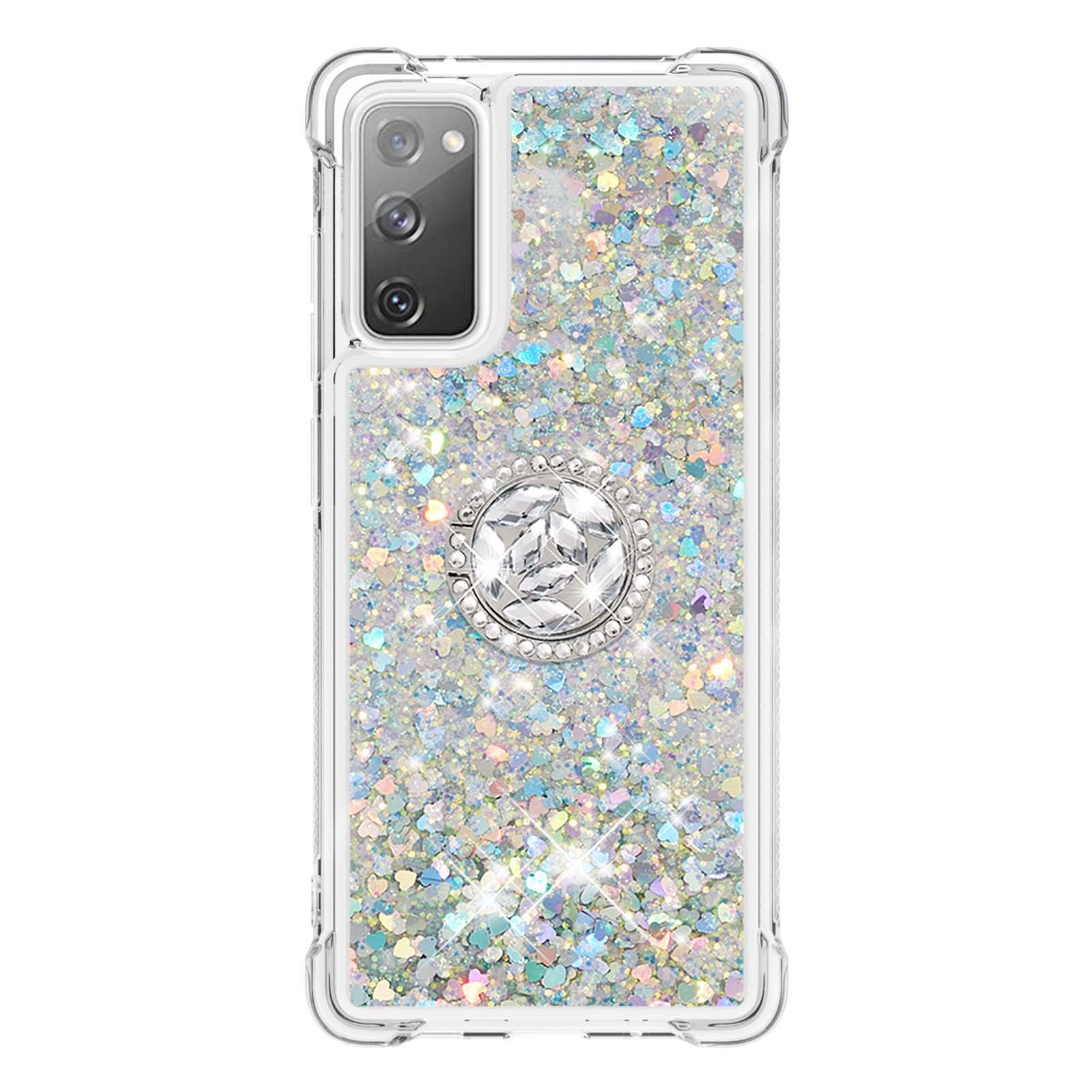 For Samsung Galaxy S20 FE 2022/S20 FE 4G/5G/S20 Fan Edition 4G/5G/S20 Lite Quicksand Glitter Flowing Liquid Anti-drop Ring Holder Kickstand Design TPU Cover - Silver Hearts