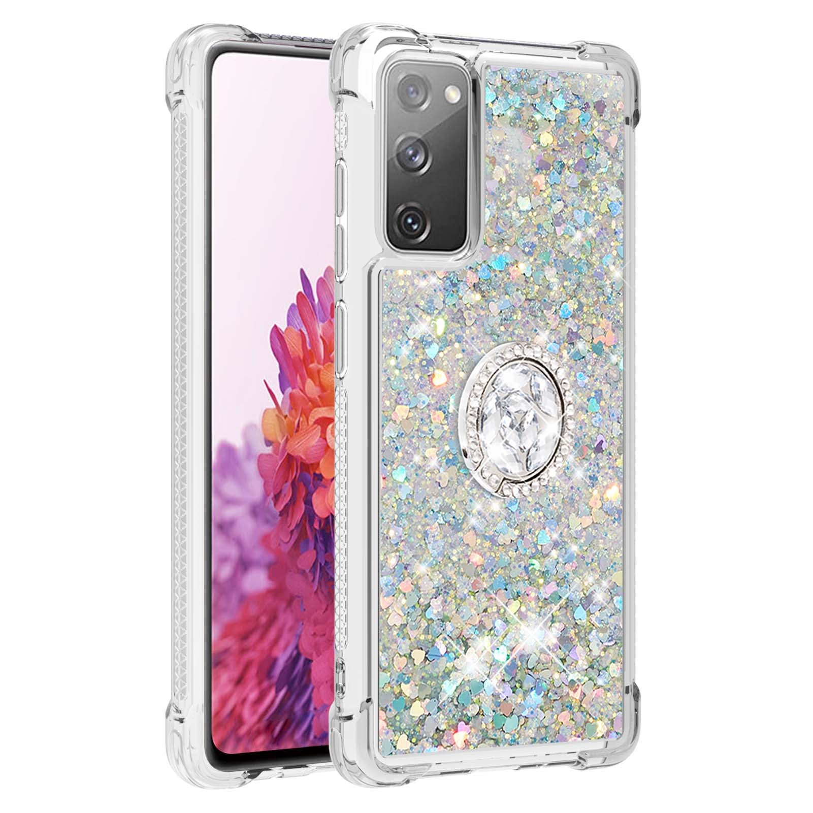 For Samsung Galaxy S20 FE 2022/S20 FE 4G/5G/S20 Fan Edition 4G/5G/S20 Lite Quicksand Glitter Flowing Liquid Anti-drop Ring Holder Kickstand Design TPU Cover - Silver Hearts