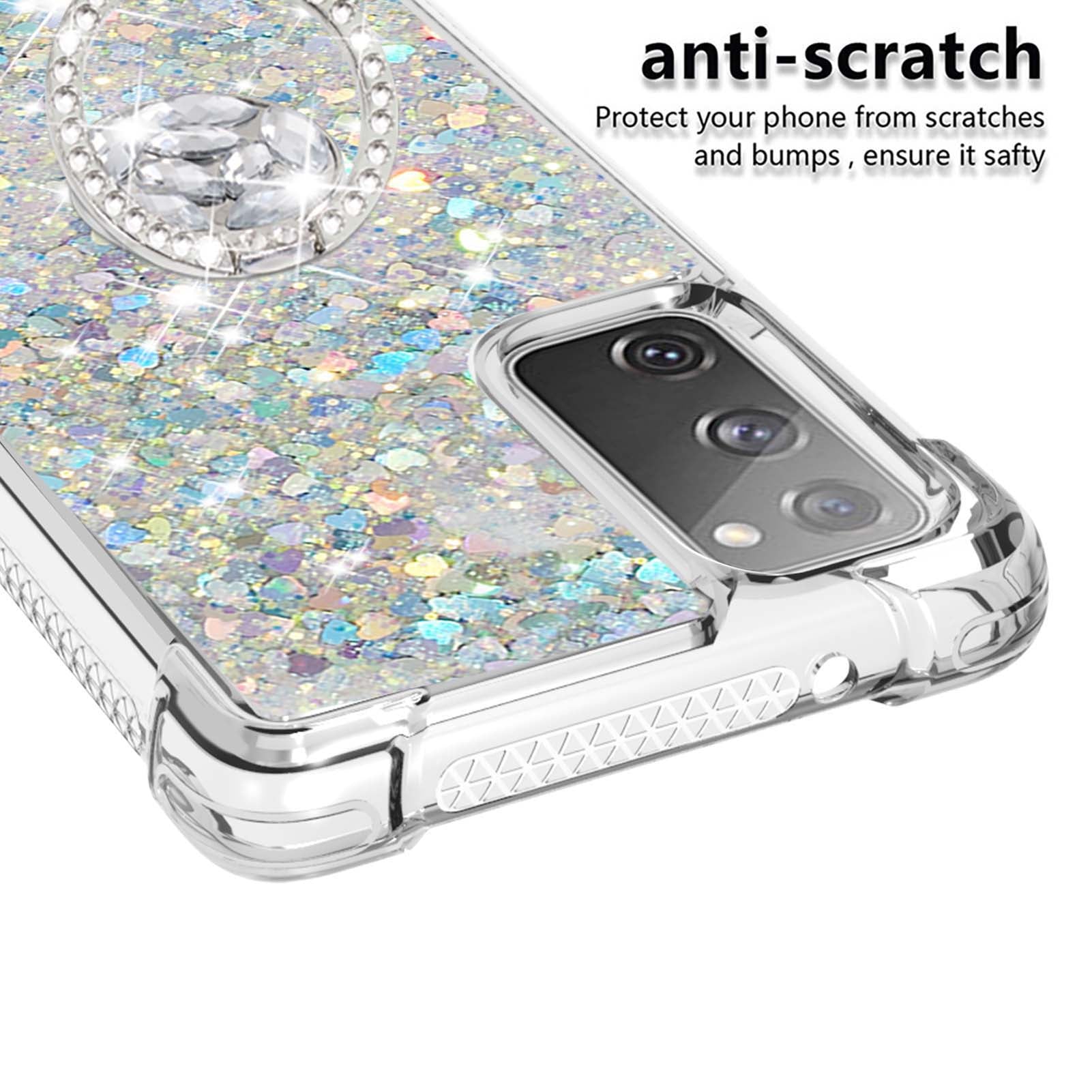 For Samsung Galaxy S20 FE 2022/S20 FE 4G/5G/S20 Fan Edition 4G/5G/S20 Lite Quicksand Glitter Flowing Liquid Anti-drop Ring Holder Kickstand Design TPU Cover - Silver Hearts